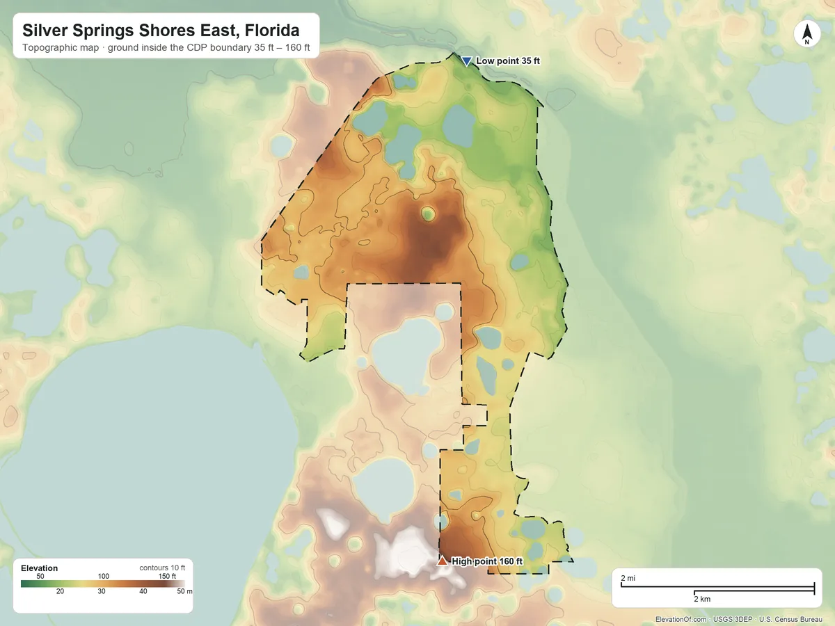 Topographic elevation map of Silver Springs Shores East, Florida, shaded from 35 ft on the north side to 160 ft on the south side