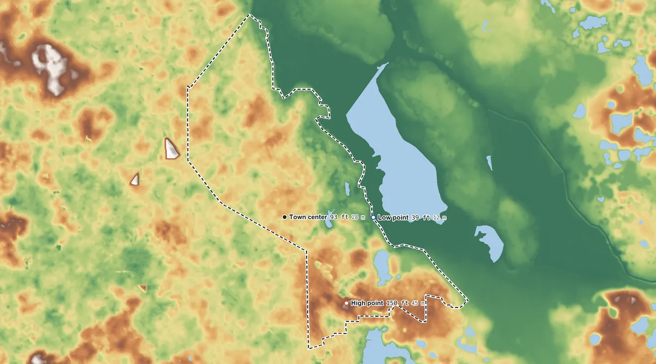 Topographic elevation map of Silver Springs Shores, Florida, shaded from 39 ft on the east side to 150 ft on the southeast side