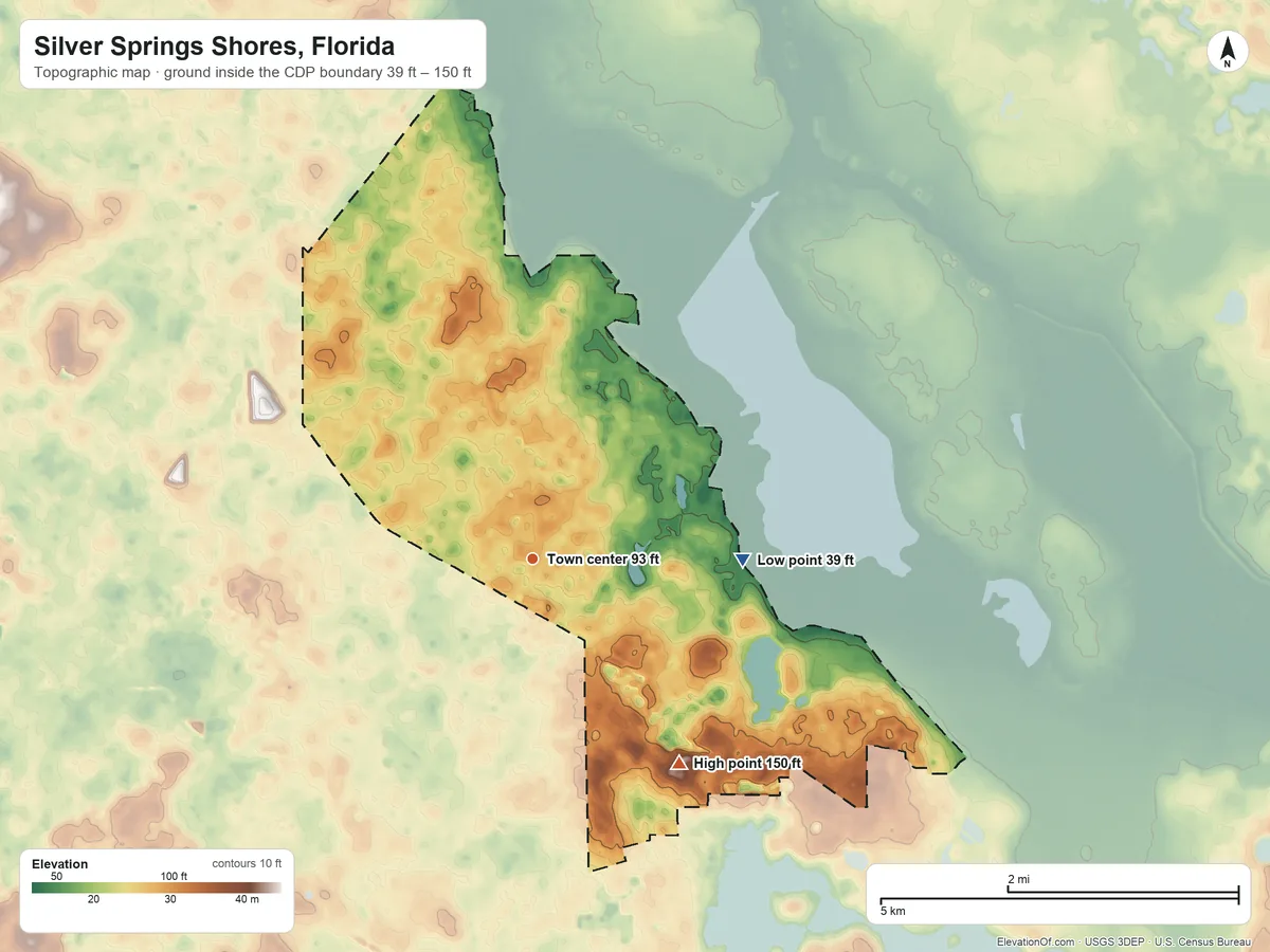 Topographic elevation map of Silver Springs Shores, Florida, shaded from 39 ft on the east side to 150 ft on the southeast side