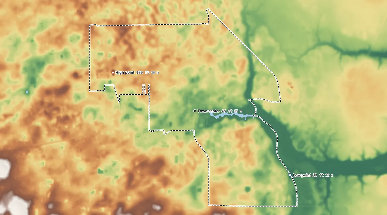 Topographic elevation map of Silver Springs, Florida, shaded from 39 ft on the southeast side to 100 ft on the northwest side