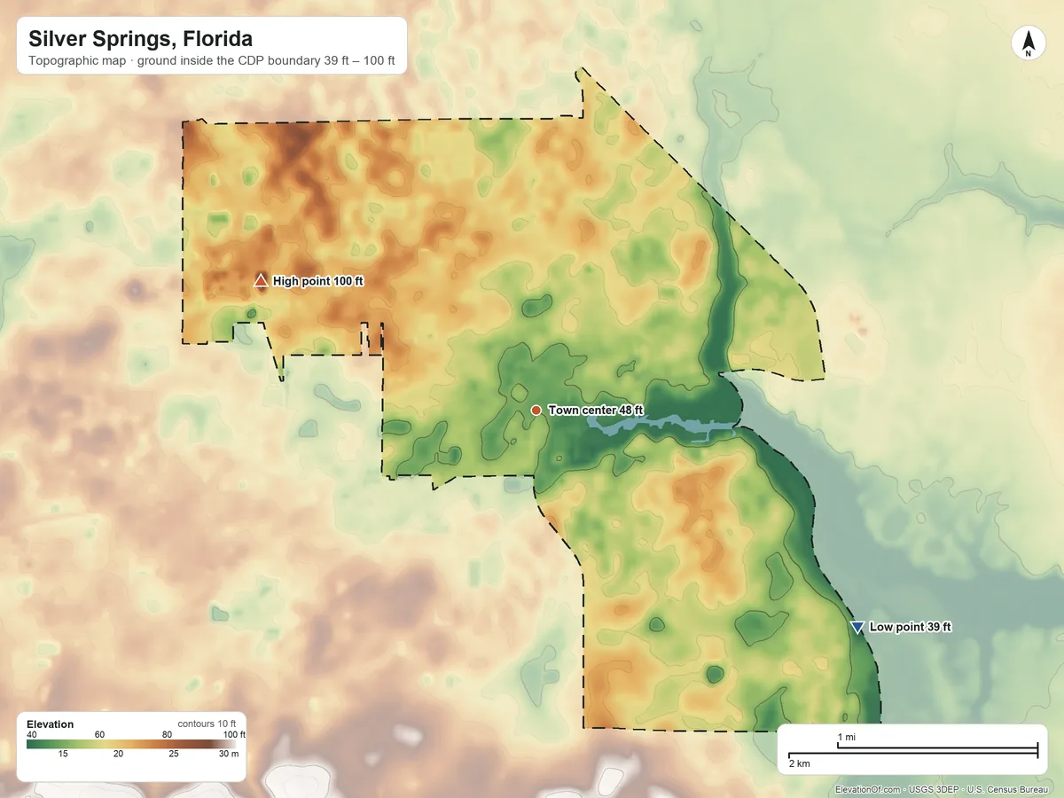Topographic elevation map of Silver Springs, Florida, shaded from 39 ft on the southeast side to 100 ft on the northwest side