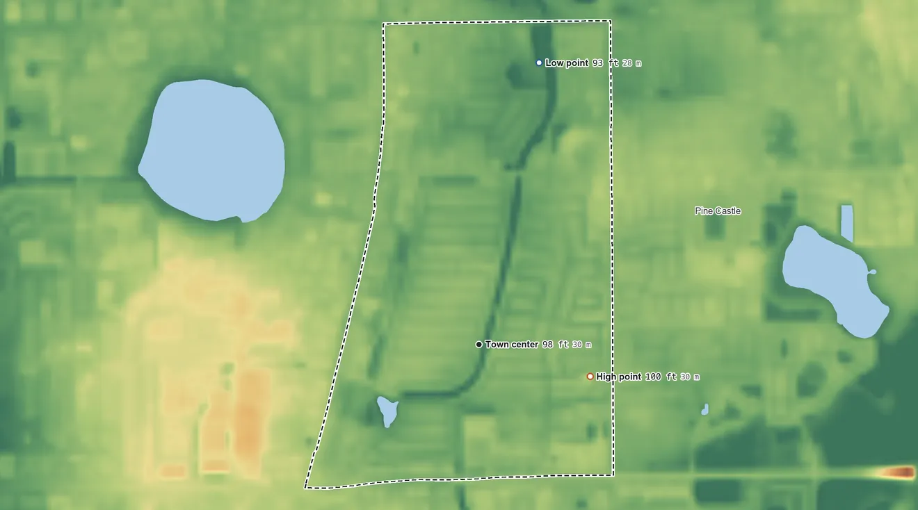 Topographic elevation map of Sky Lake, Florida, shaded from 93 ft on the north side to 100 ft on the east side