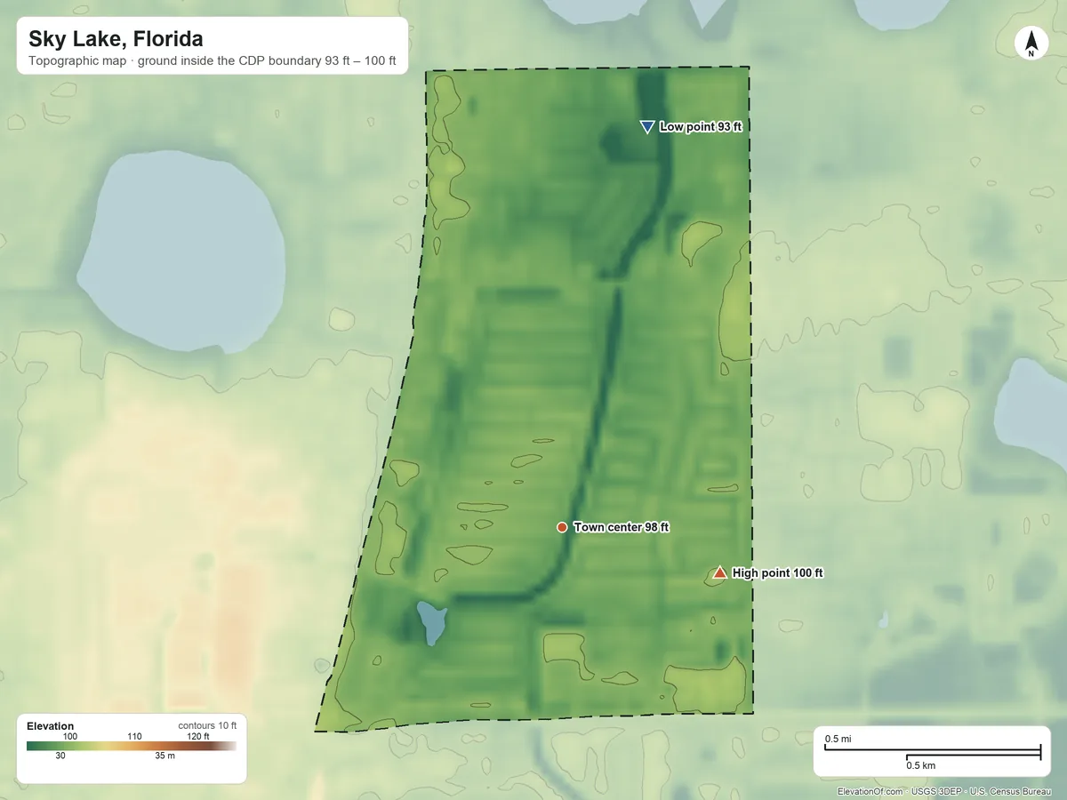 Topographic elevation map of Sky Lake, Florida, shaded from 93 ft on the north side to 100 ft on the east side