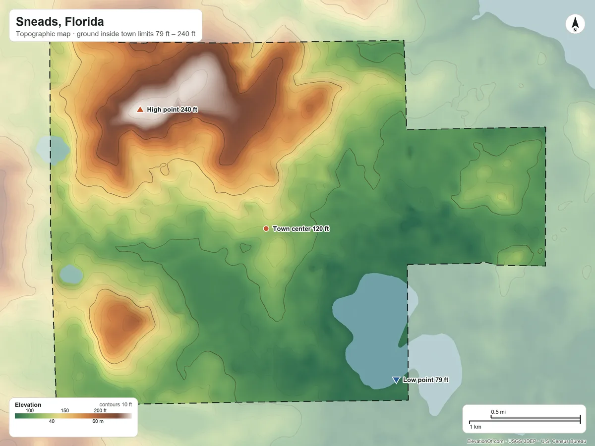 Topographic elevation map of Sneads, Florida, shaded from 79 ft on the southeast side to 240 ft on the northwest side