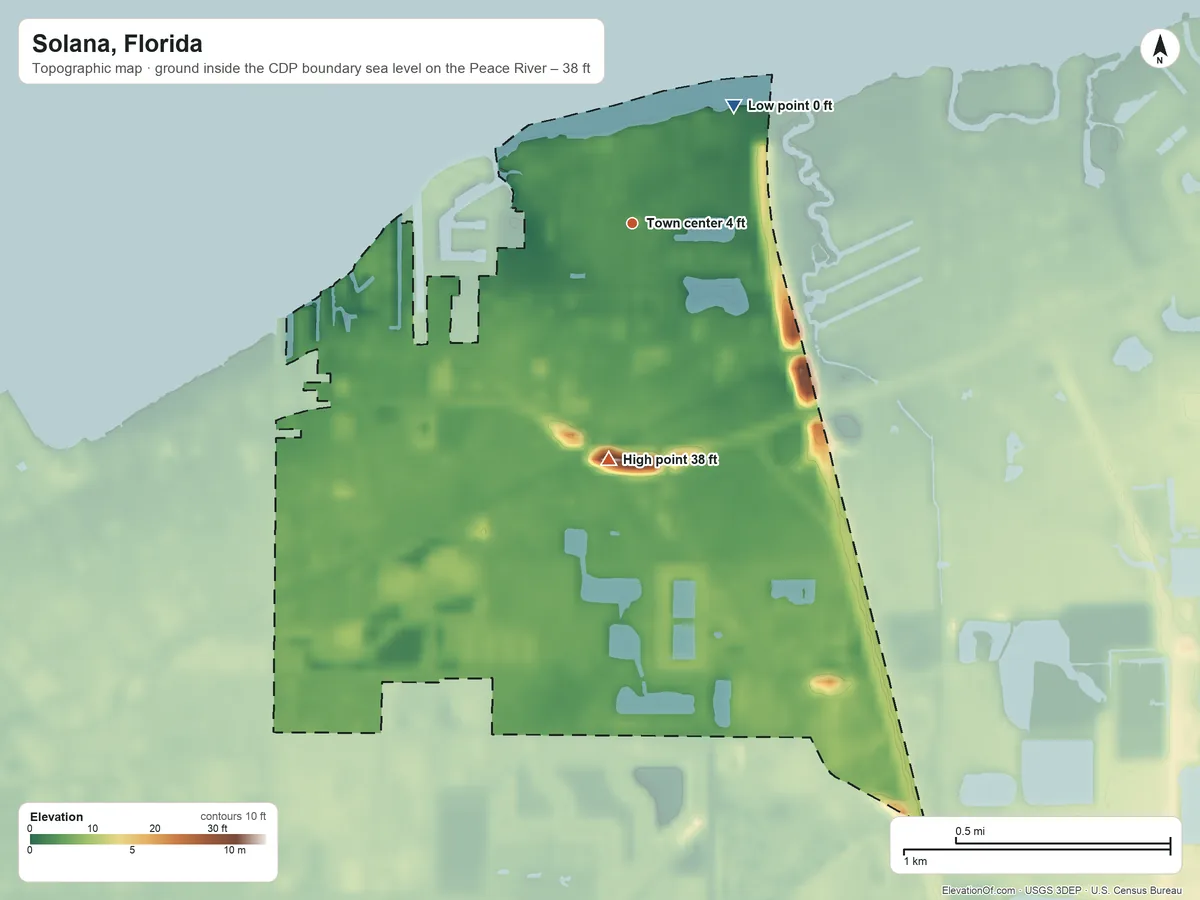 Topographic elevation map of Solana, Florida, shaded from sea level level on the Peace River to 38 ft on the south side