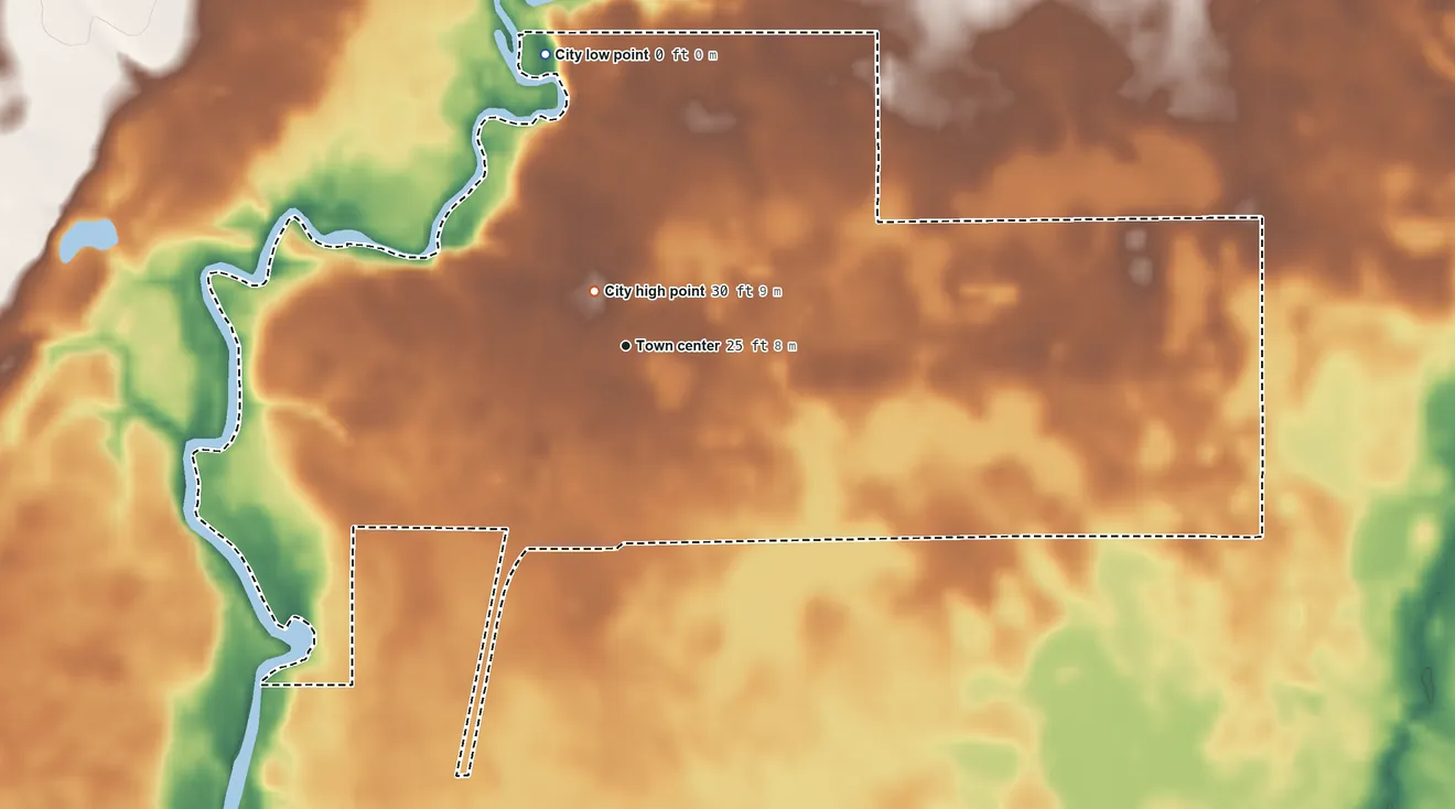 Topographic elevation map of Sopchoppy, Florida, shaded from 0 ft on the north side to 30 ft near the middle