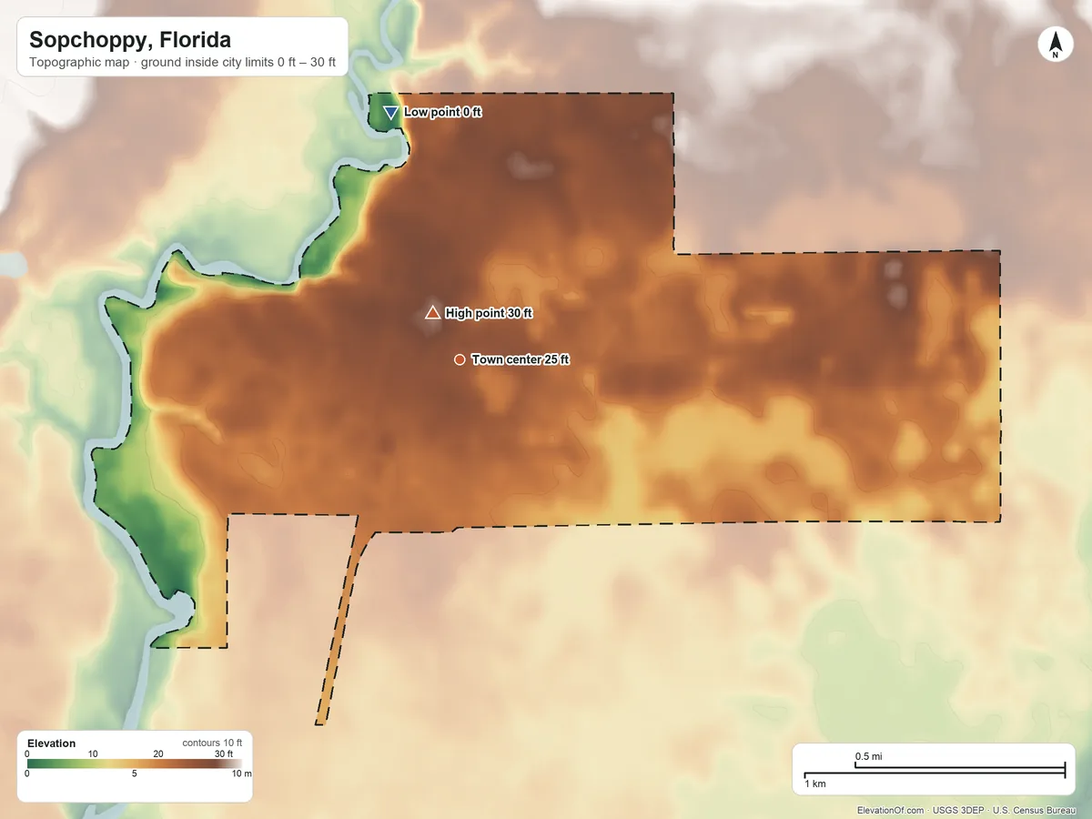 Topographic elevation map of Sopchoppy, Florida, shaded from 0 ft on the north side to 30 ft near the middle