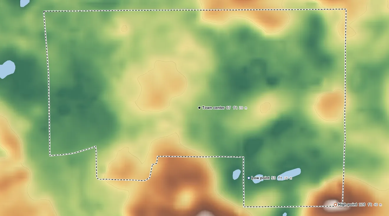 Topographic elevation map of Sorrento, Florida, shaded from 53 ft on the southeast side to 120 ft on the southeast side