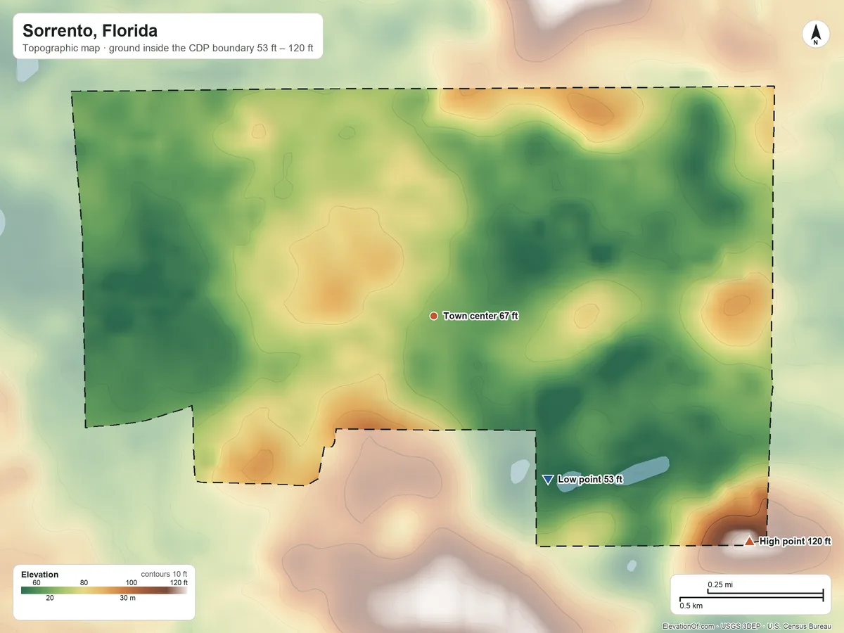 Topographic elevation map of Sorrento, Florida, shaded from 53 ft on the southeast side to 120 ft on the southeast side