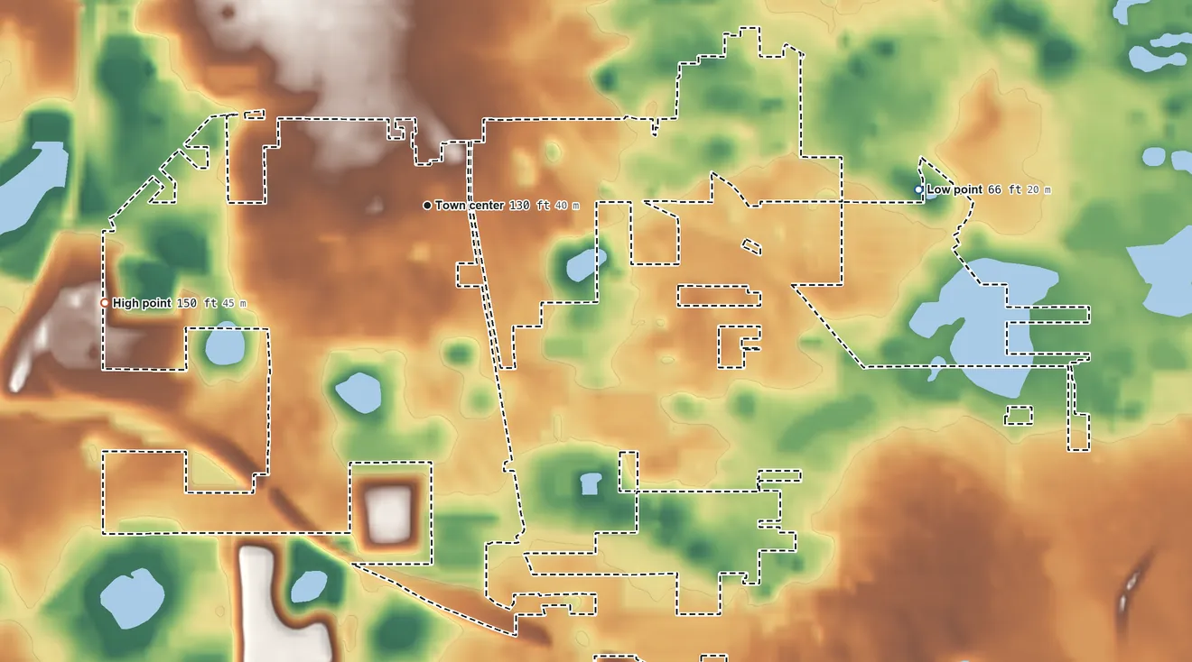 Topographic elevation map of South Apopka, Florida, shaded from 66 ft on the east side to 150 ft on the west side