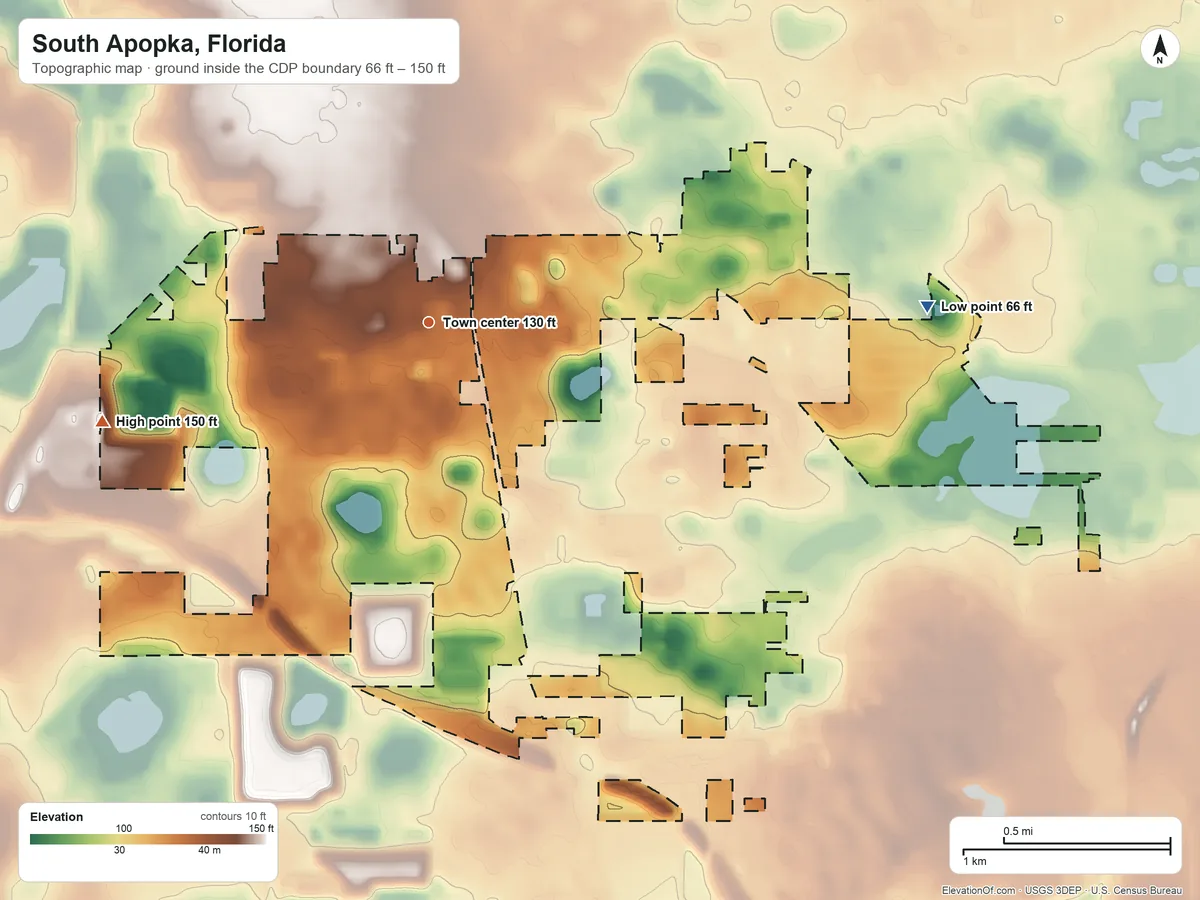 Topographic elevation map of South Apopka, Florida, shaded from 66 ft on the east side to 150 ft on the west side