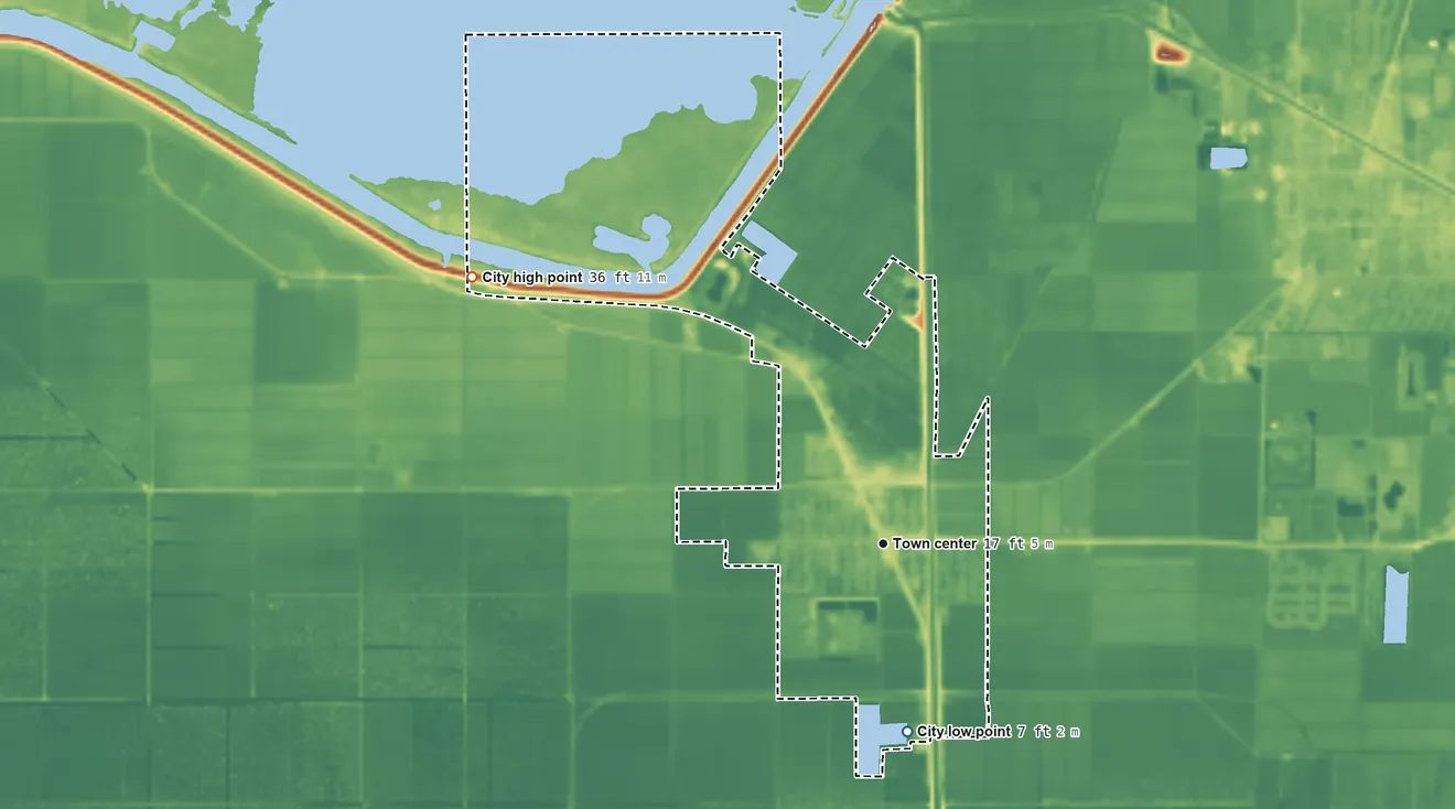 Topographic elevation map of South Bay, Florida, shaded from 7 ft on the south side to 36 ft on the northwest side