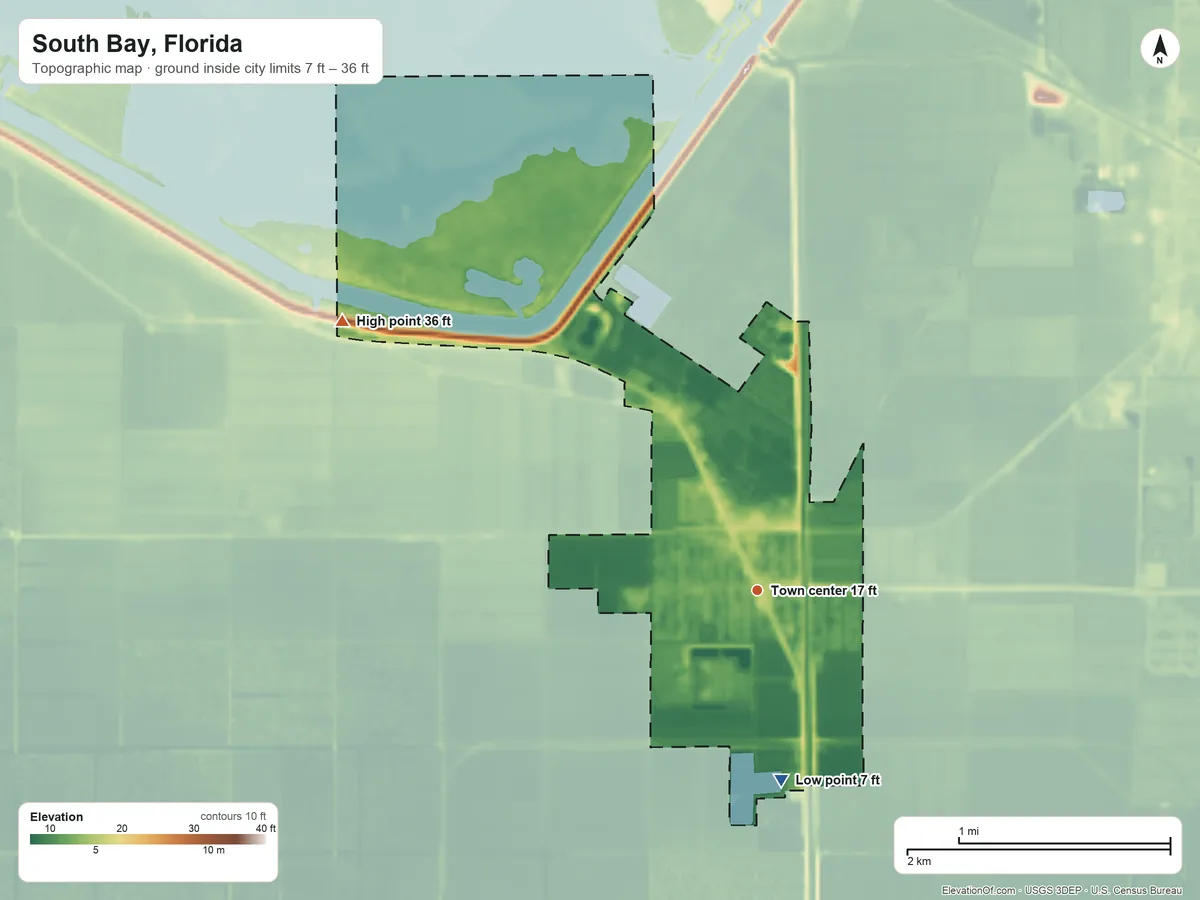 Topographic elevation map of South Bay, Florida, shaded from 7 ft on the south side to 36 ft on the northwest side