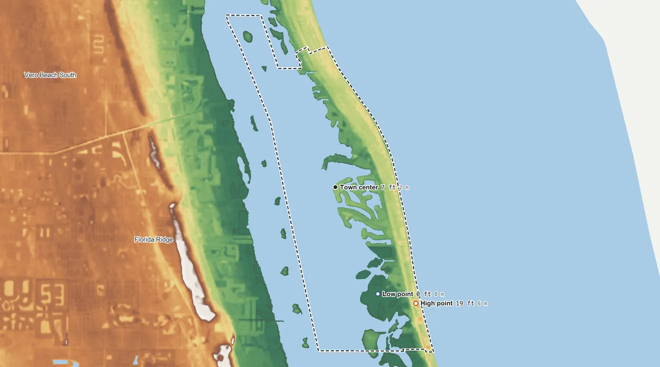 Topographic elevation map of South Beach, Florida, shaded from sea level level on the Atlantic Ocean to 19 ft on the southeast side