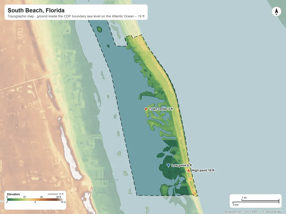 Topographic elevation map of South Beach, Florida, shaded from sea level level on the Atlantic Ocean to 19 ft on the southeast side