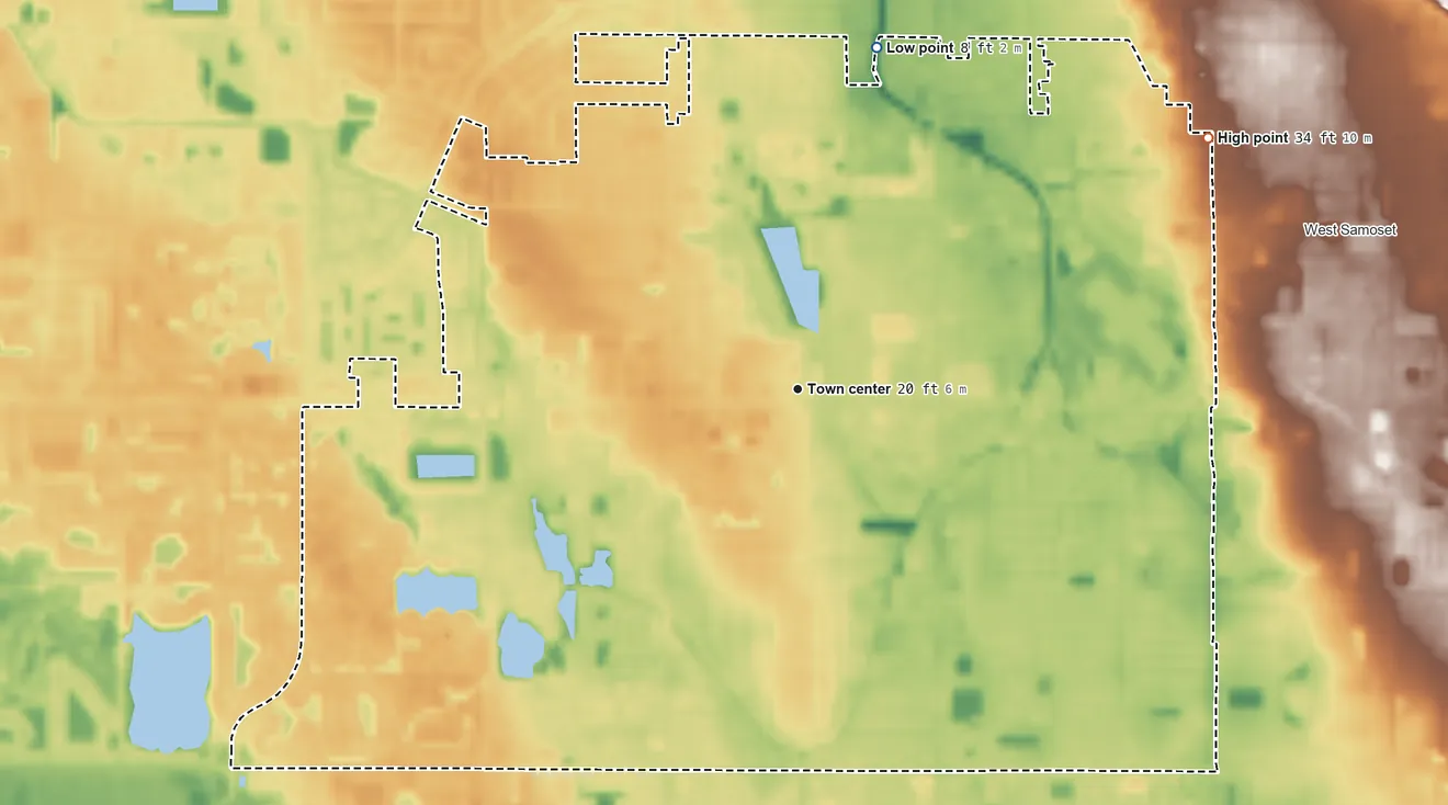 Topographic elevation map of South Bradenton, Florida, shaded from 8 ft on the north side to 34 ft on the northeast side