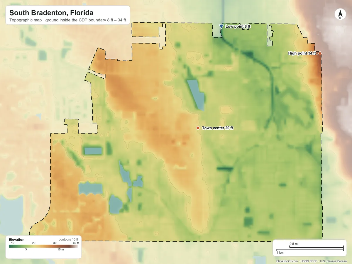 Topographic elevation map of South Bradenton, Florida, shaded from 8 ft on the north side to 34 ft on the northeast side