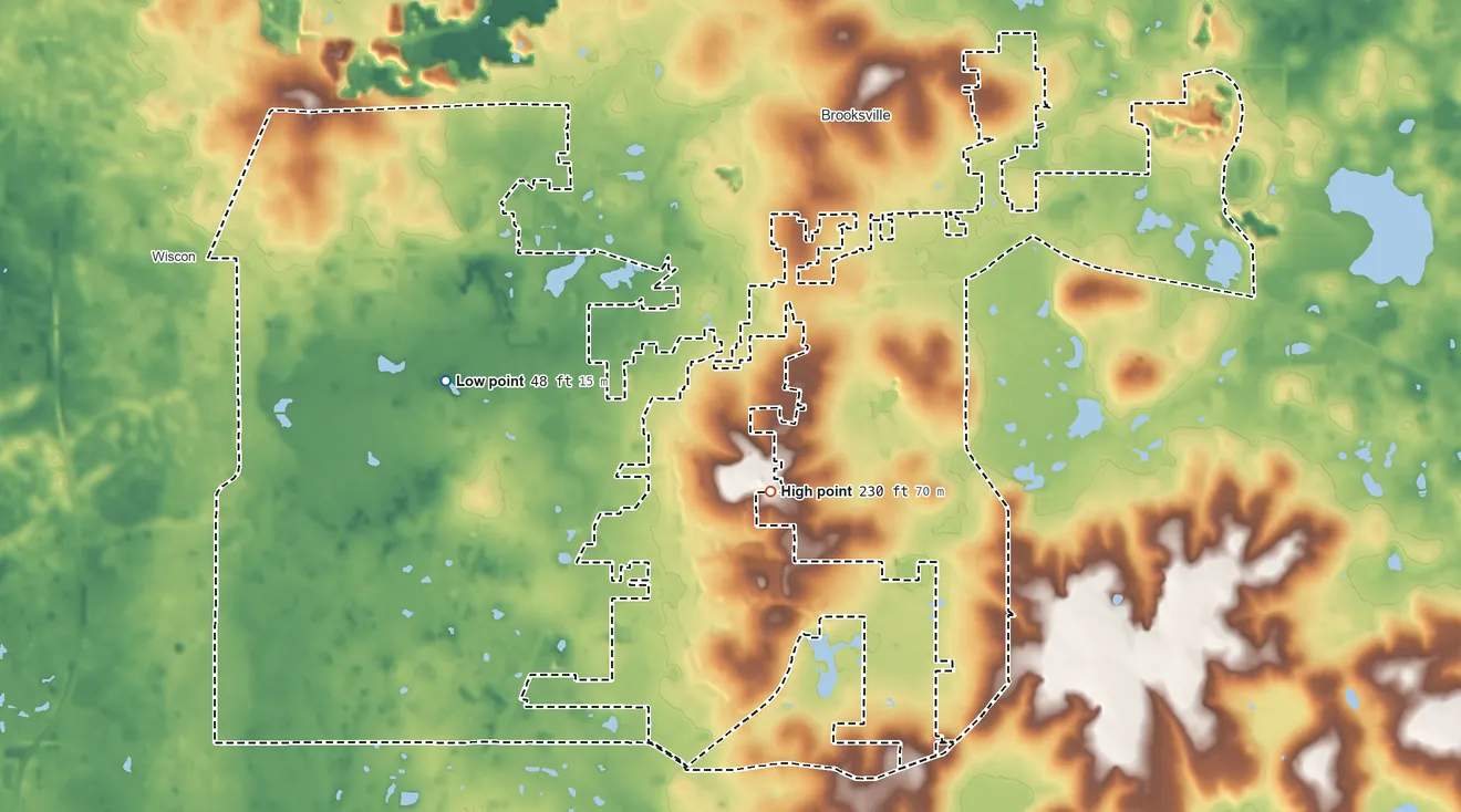 Topographic elevation map of South Brooksville, Florida, shaded from 48 ft on the west side to 230 ft on the southeast side