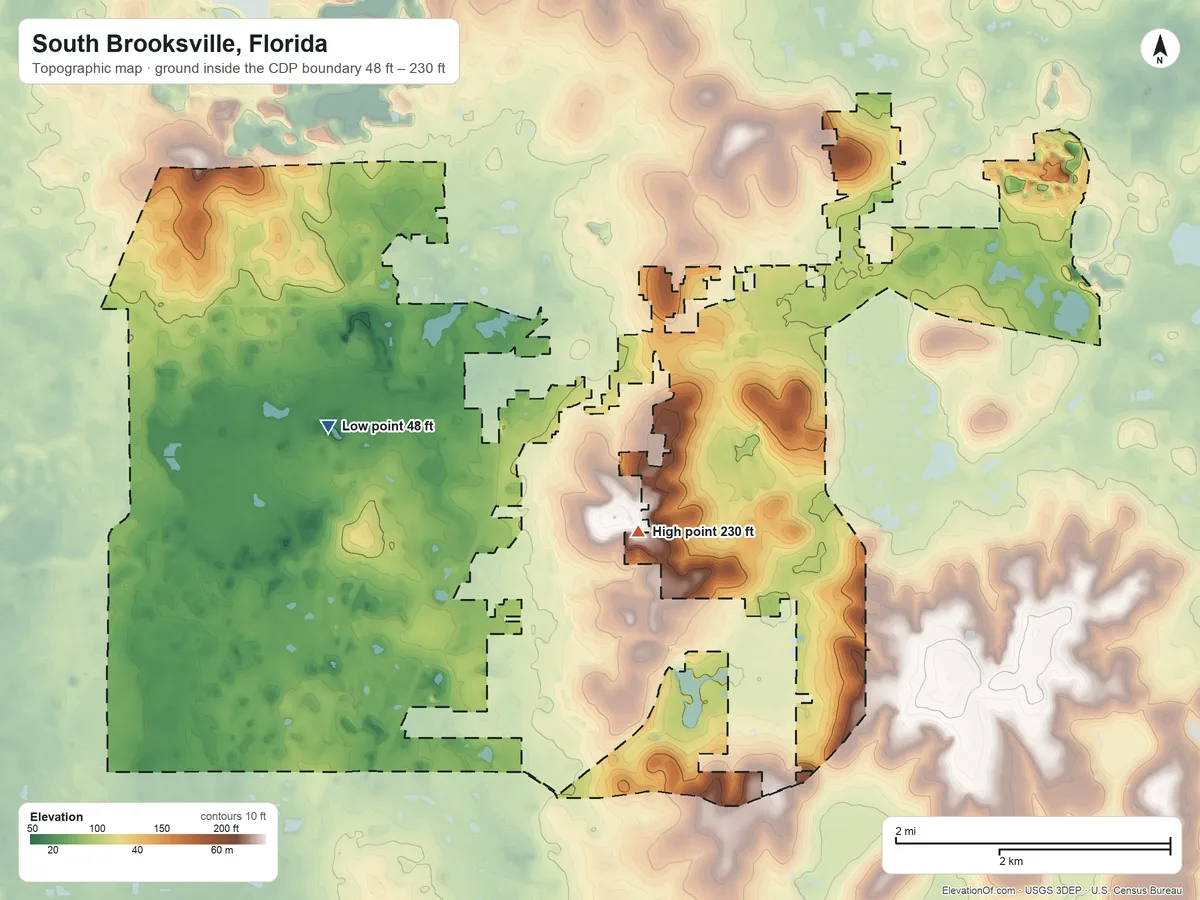 Topographic elevation map of South Brooksville, Florida, shaded from 48 ft on the west side to 230 ft on the southeast side