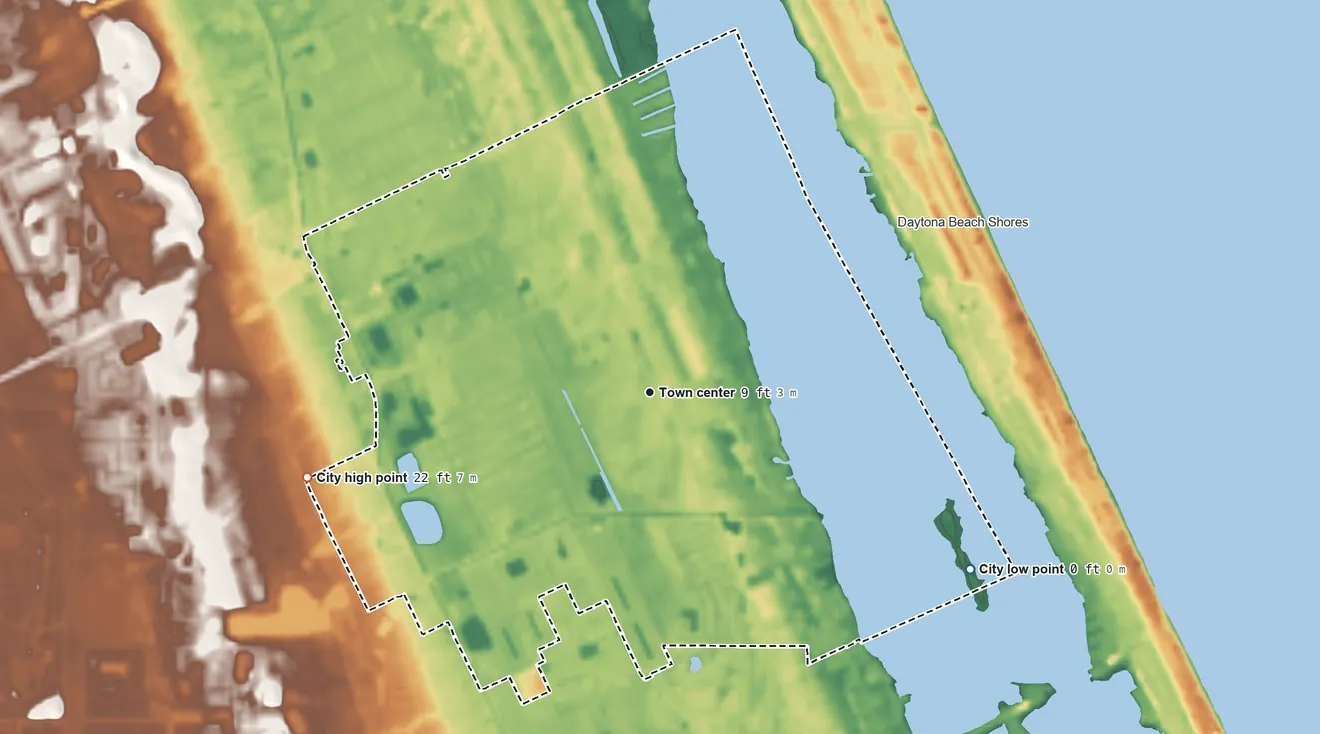 Topographic elevation map of South Daytona, Florida, shaded from sea level level on the Atlantic Ocean to 22 ft on the west side