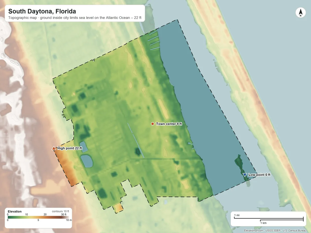 Topographic elevation map of South Daytona, Florida, shaded from sea level level on the Atlantic Ocean to 22 ft on the west side