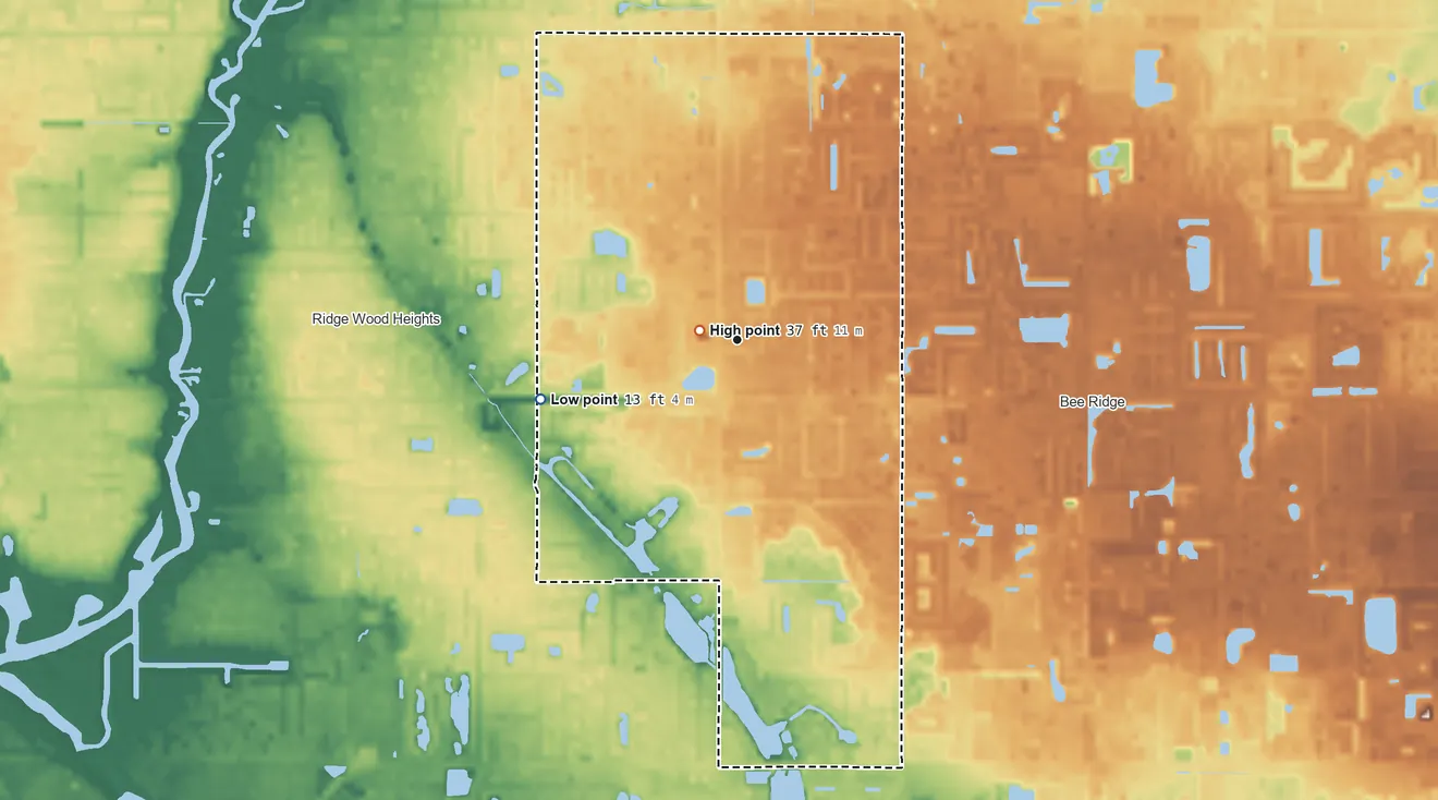 Topographic elevation map of South Gate Ridge, Florida, shaded from 13 ft on the west side to 37 ft near the middle