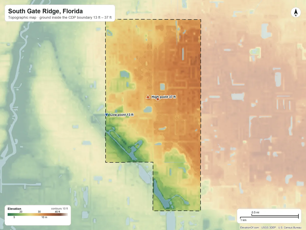 Topographic elevation map of South Gate Ridge, Florida, shaded from 13 ft on the west side to 37 ft near the middle
