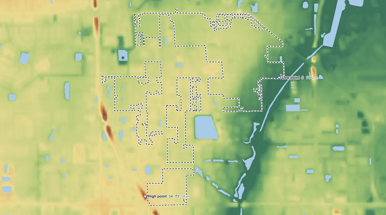 Topographic elevation map of South Highpoint, Florida, shaded from 5 ft on the east side to 34 ft on the southwest side