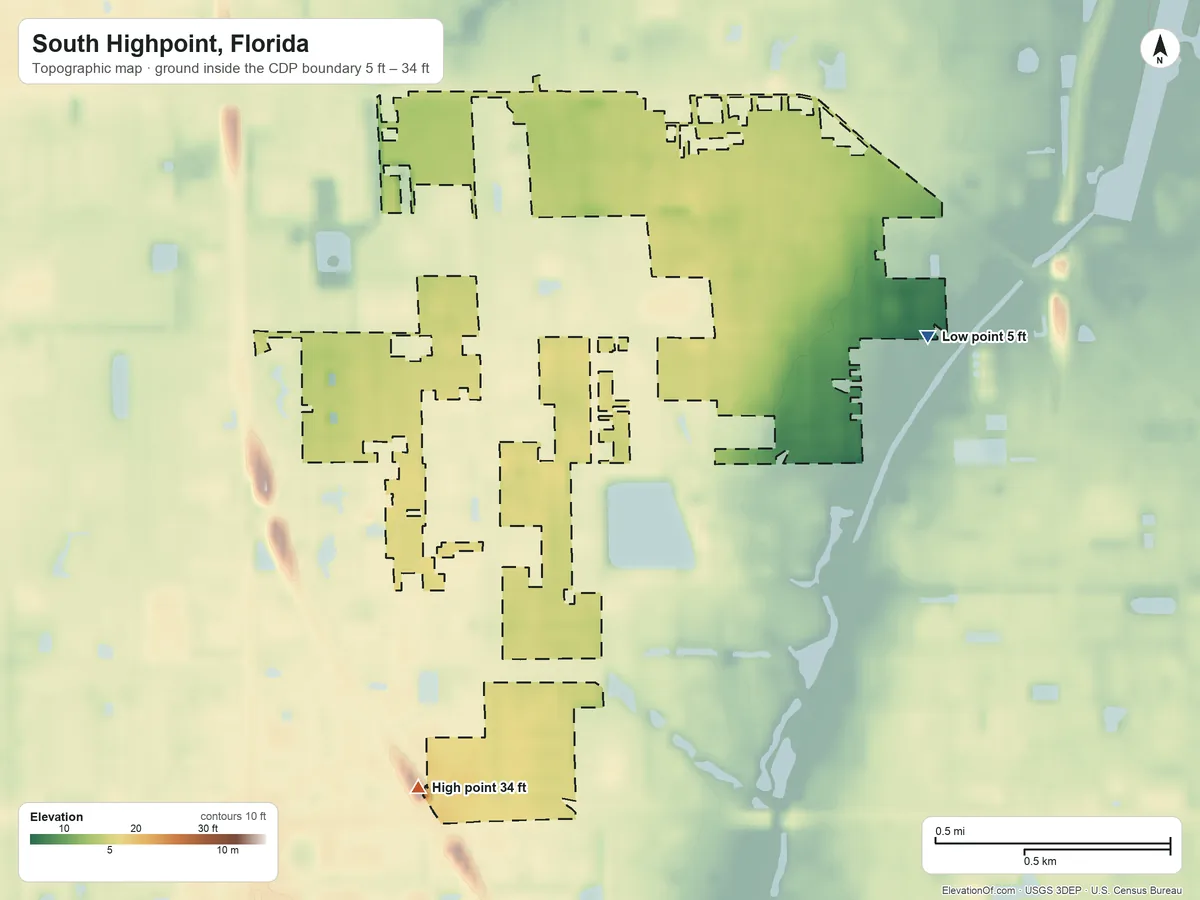 Topographic elevation map of South Highpoint, Florida, shaded from 5 ft on the east side to 34 ft on the southwest side