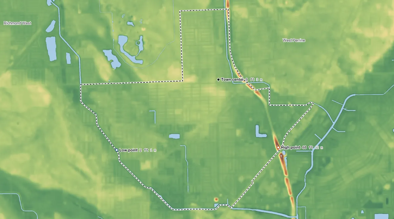 Topographic elevation map of South Miami Heights, Florida, shaded from 2 ft on the southwest side to 40 ft on the southeast side