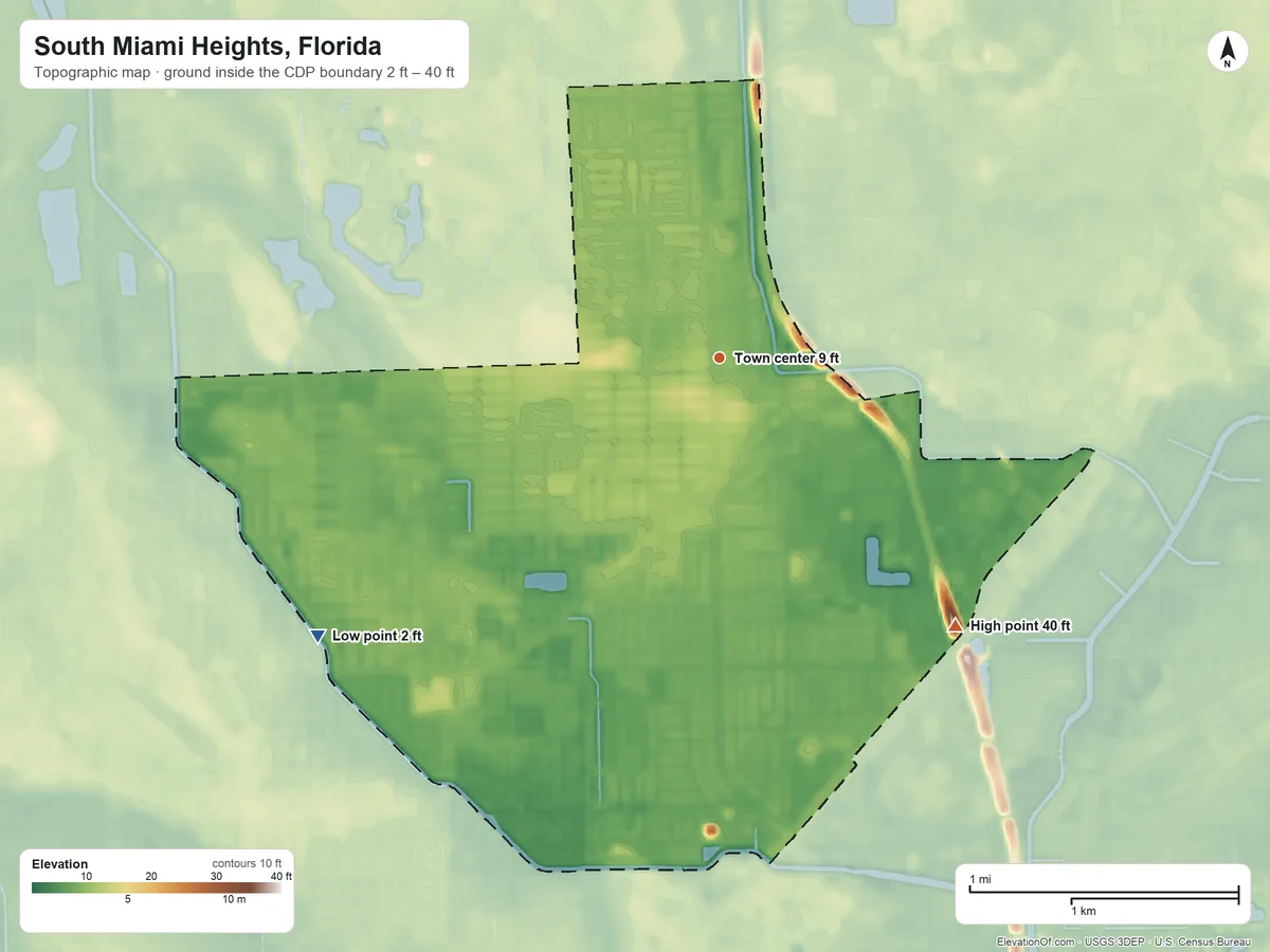 Topographic elevation map of South Miami Heights, Florida, shaded from 2 ft on the southwest side to 40 ft on the southeast side
