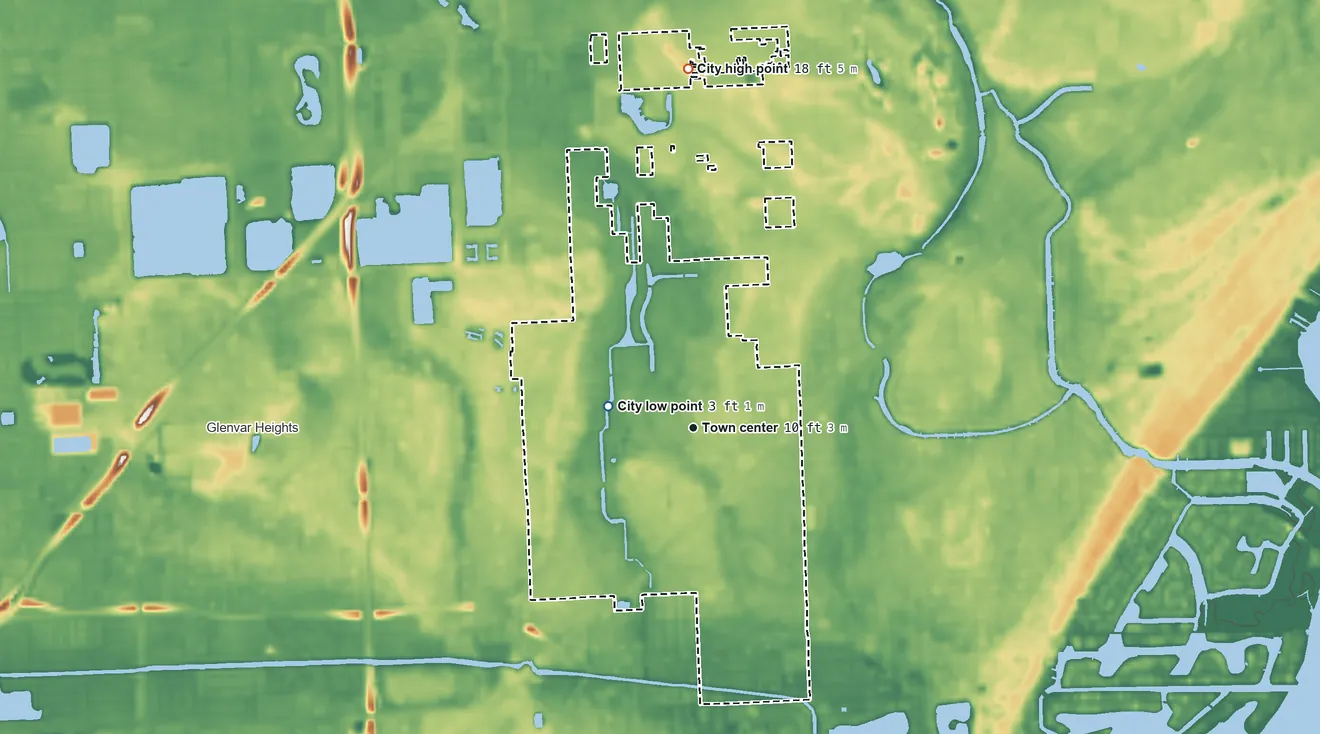 Topographic elevation map of South Miami, Florida, shaded from 3 ft on the west side to 18 ft on the north side