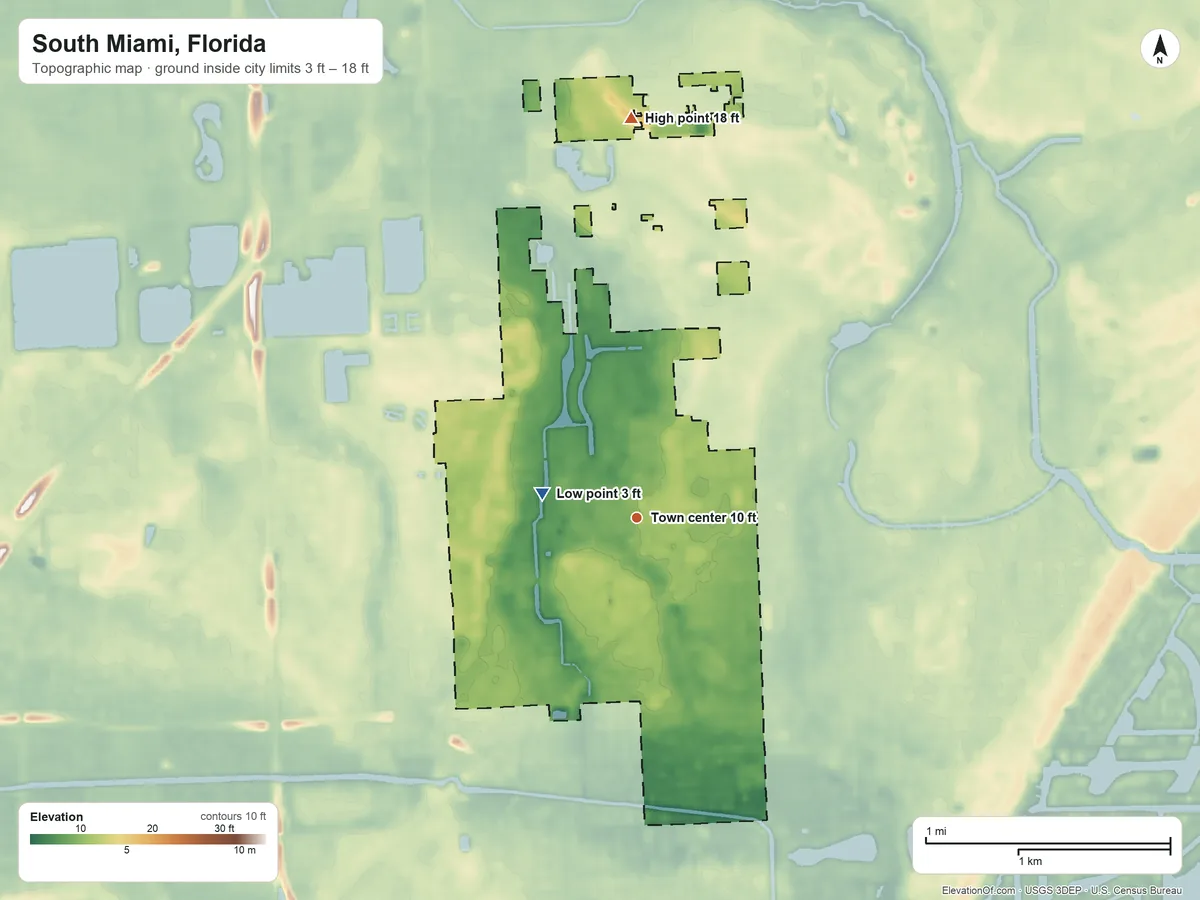 Topographic elevation map of South Miami, Florida, shaded from 3 ft on the west side to 18 ft on the north side