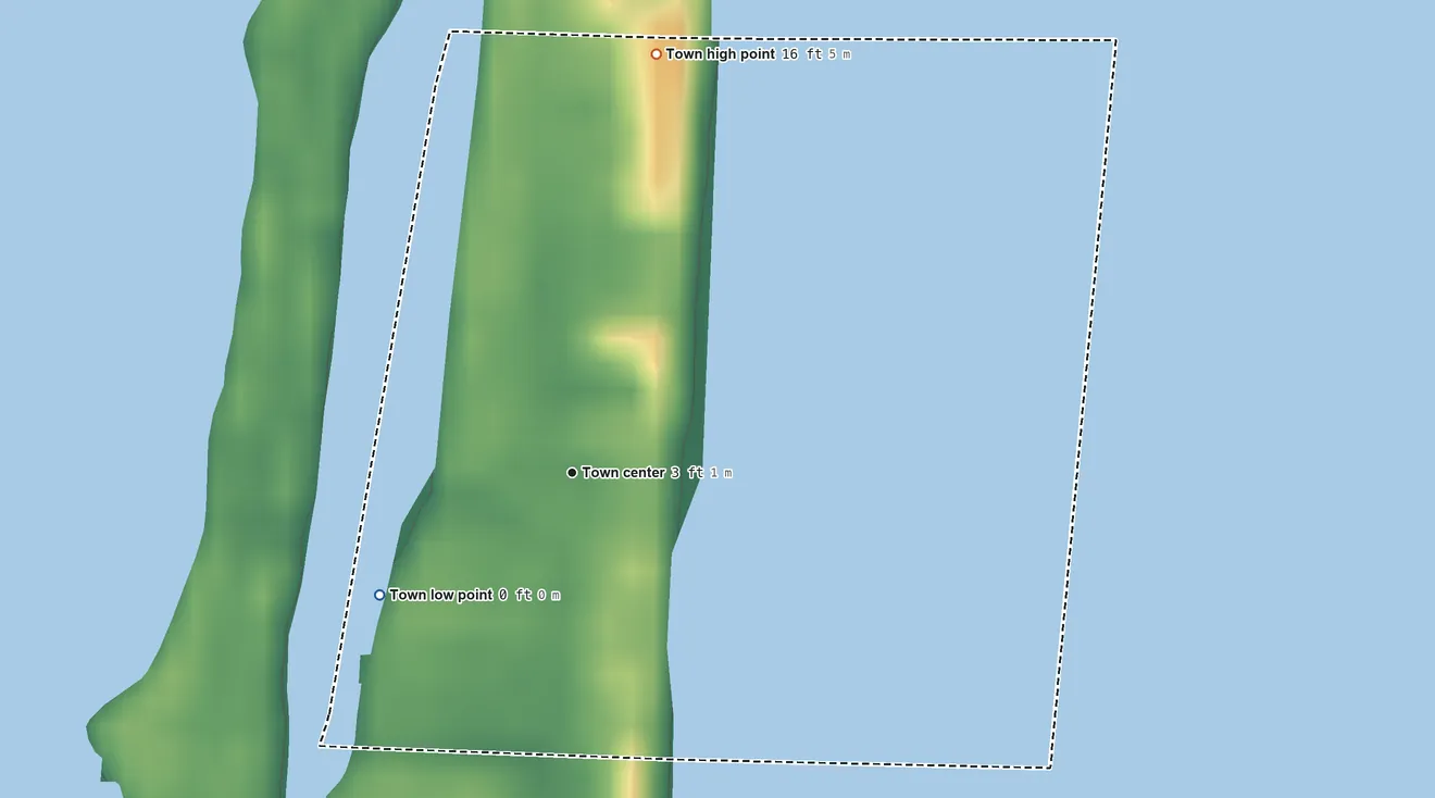 Topographic elevation map of South Palm Beach, Florida, shaded from sea level level on the Atlantic Ocean to 16 ft on the north side