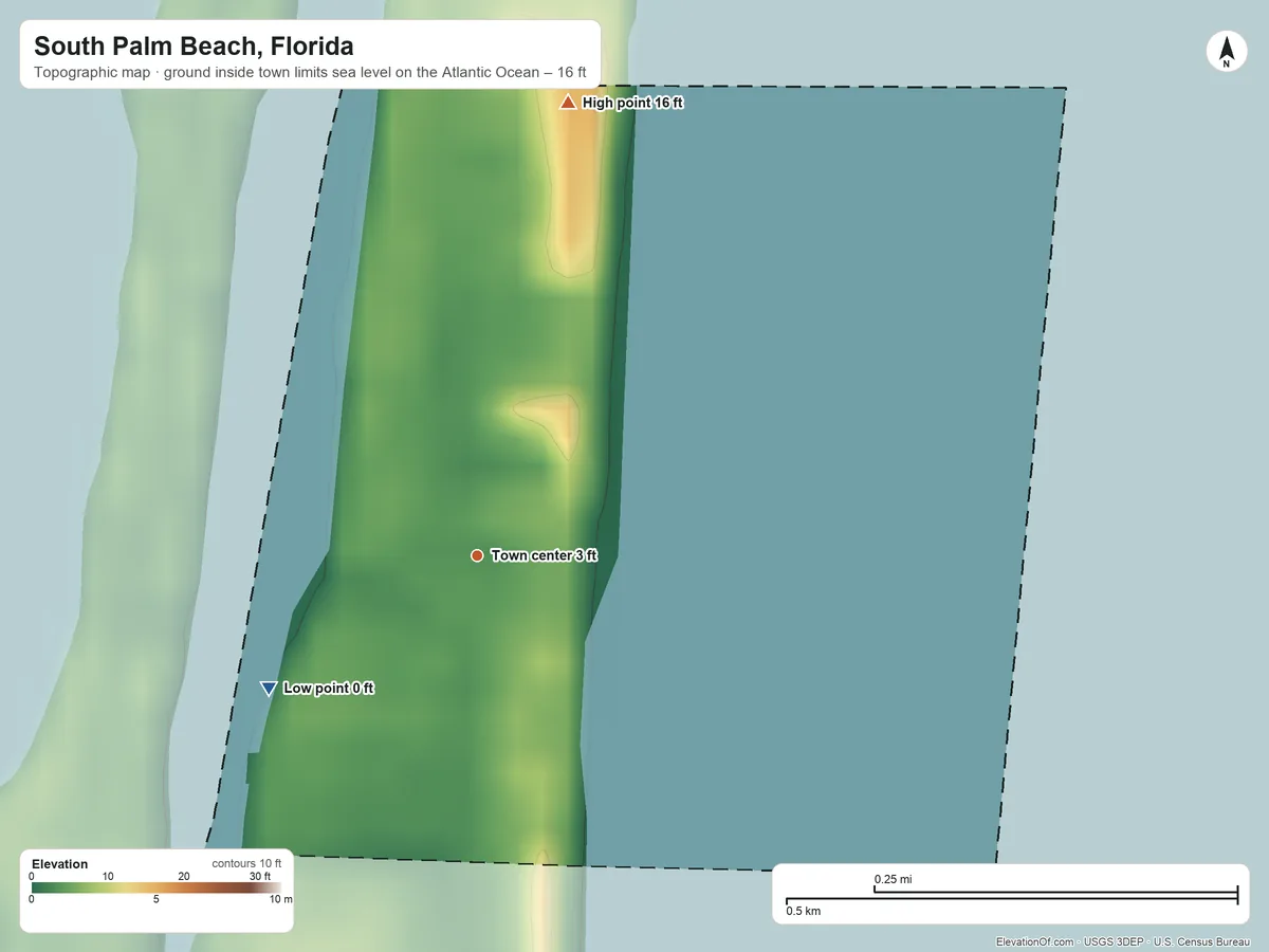 Topographic elevation map of South Palm Beach, Florida, shaded from sea level level on the Atlantic Ocean to 16 ft on the north side