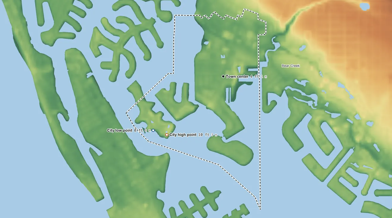 Topographic elevation map of South Pasadena, Florida, shaded from sea level level on Boca Ciega Bay to 10 ft on the southwest side