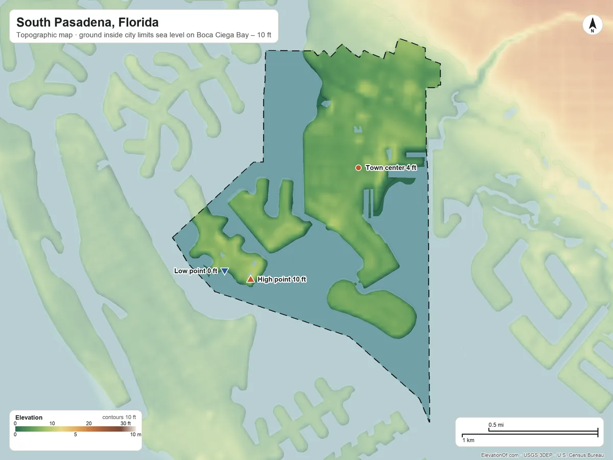 Topographic elevation map of South Pasadena, Florida, shaded from sea level level on Boca Ciega Bay to 10 ft on the southwest side