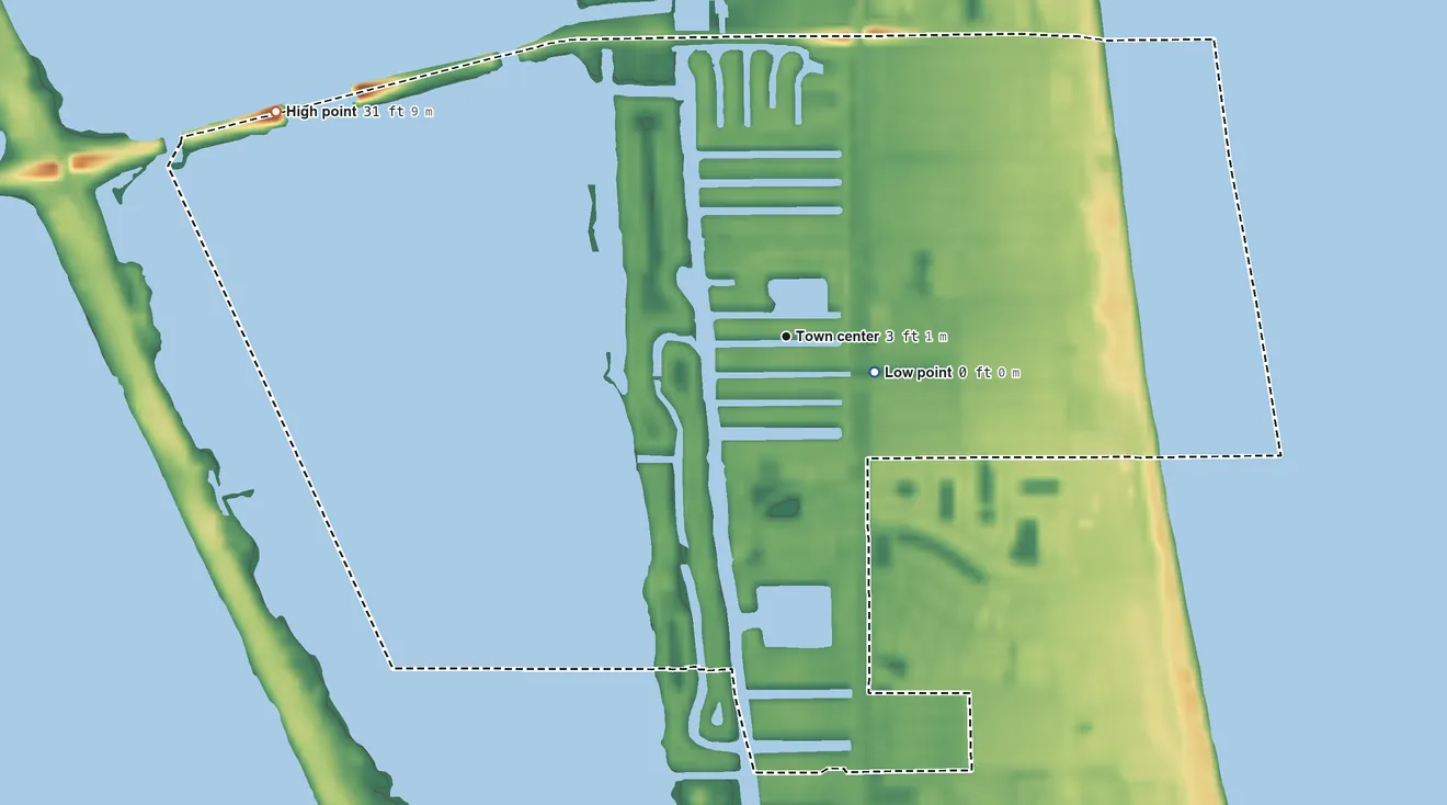 Topographic elevation map of South Patrick Shores, Florida, shaded from sea level level on the Atlantic Ocean to 31 ft on the northwest side