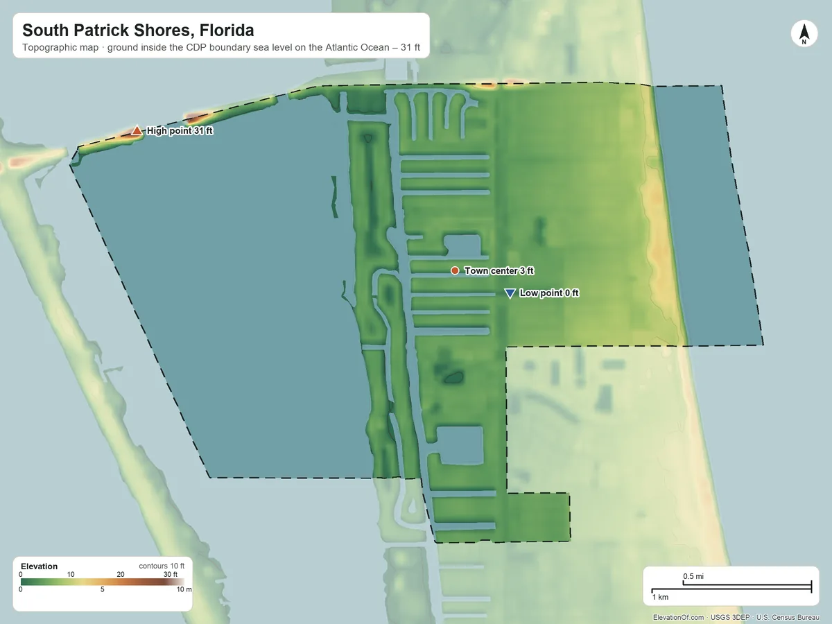 Topographic elevation map of South Patrick Shores, Florida, shaded from sea level level on the Atlantic Ocean to 31 ft on the northwest side