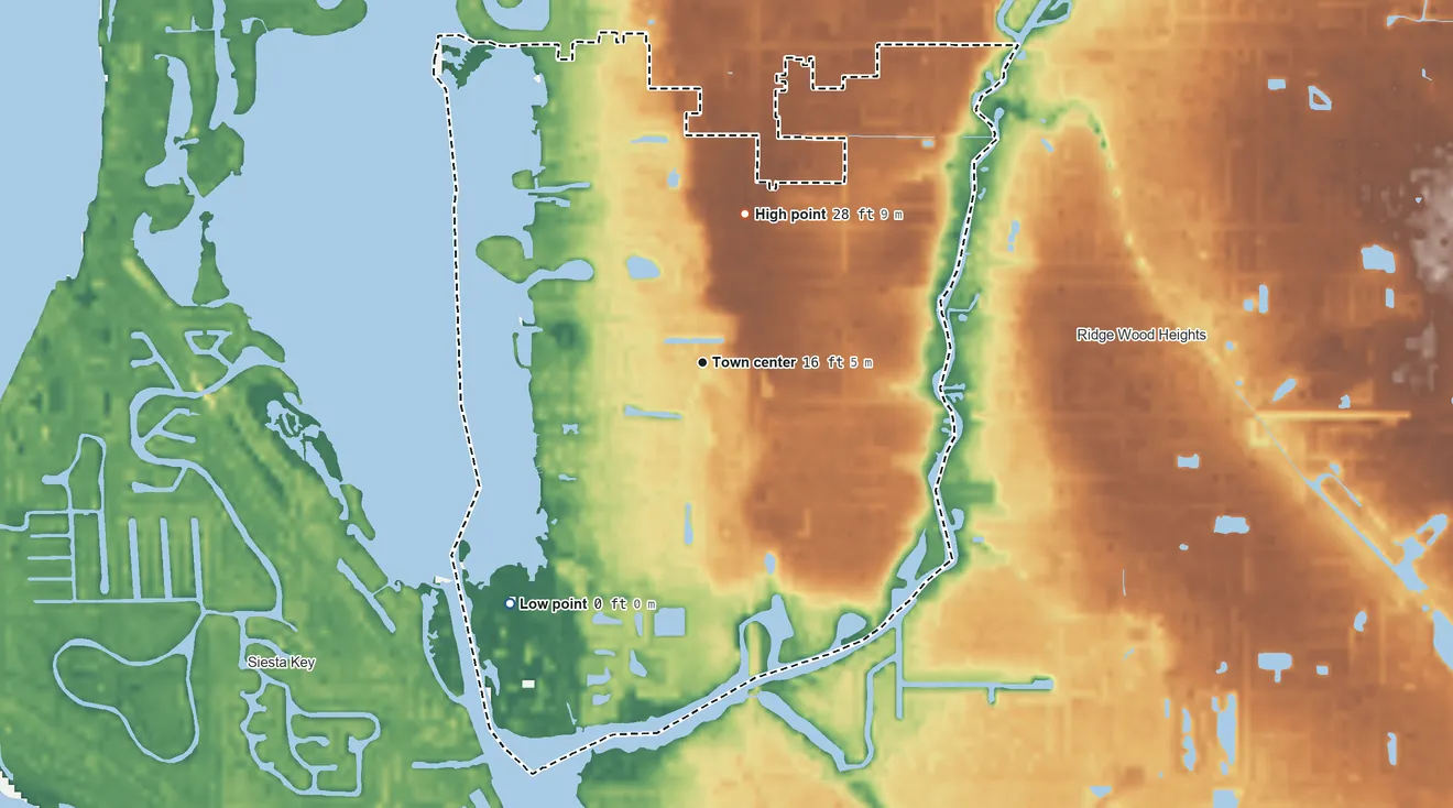 Topographic elevation map of South Sarasota, Florida, shaded from sea level level on Roberts Bay to 28 ft on the north side