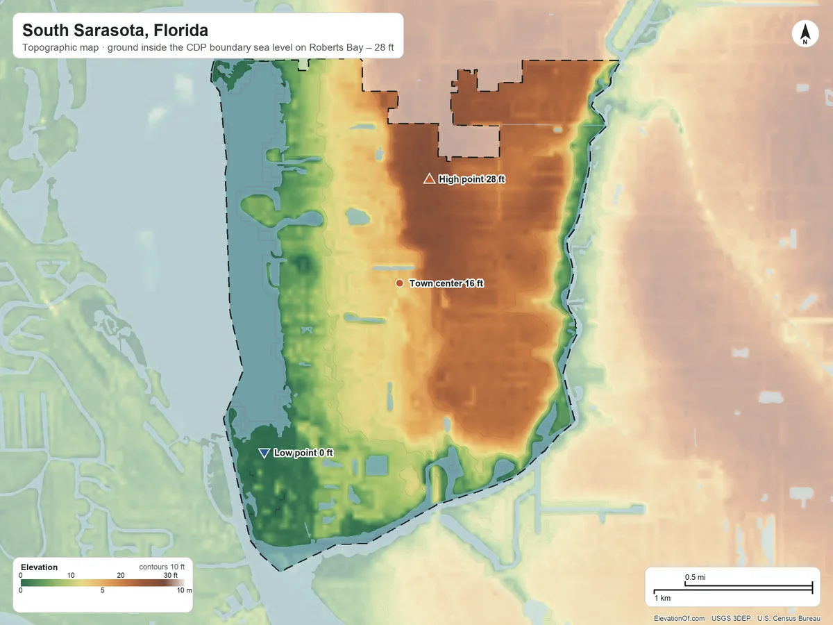 Topographic elevation map of South Sarasota, Florida, shaded from sea level level on Roberts Bay to 28 ft on the north side