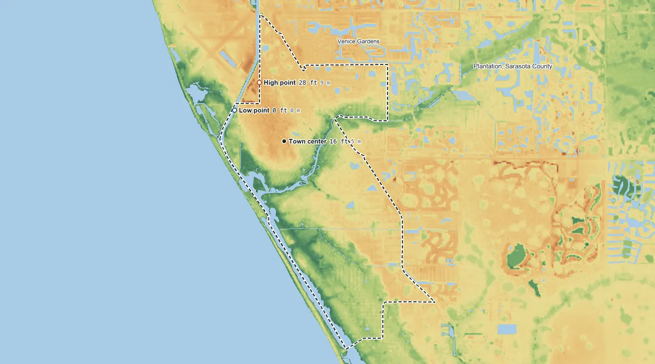 Topographic elevation map of South Venice, Florida, shaded from sea level level on the Intercoastal Waterway to 28 ft on the northwest side