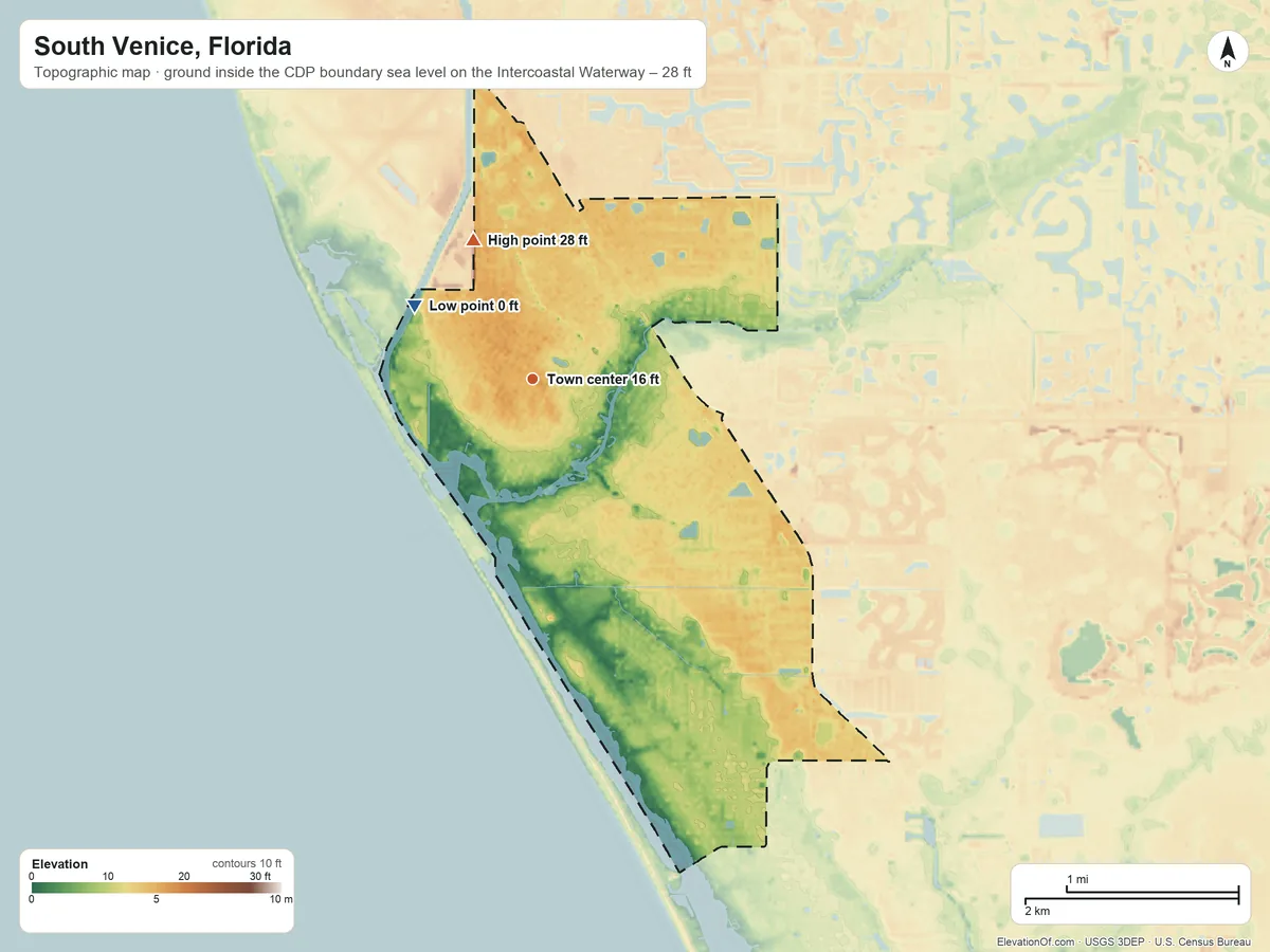 Topographic elevation map of South Venice, Florida, shaded from sea level level on the Intercoastal Waterway to 28 ft on the northwest side