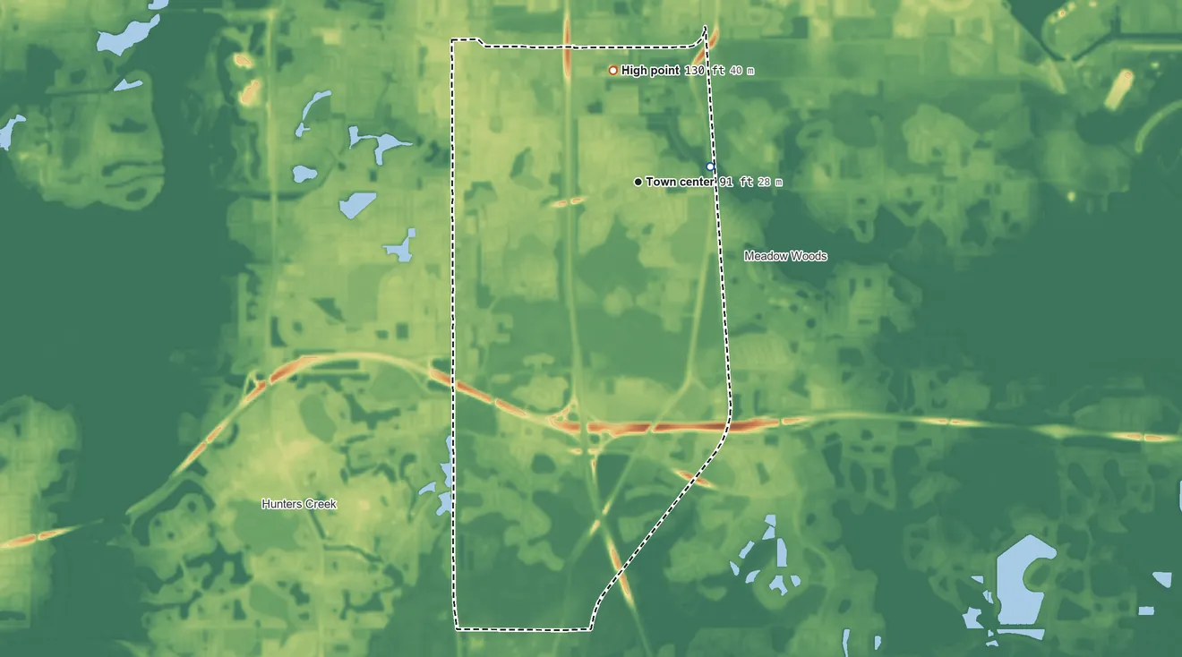 Topographic elevation map of Southchase, Florida, shaded from 80 ft on the east side to 130 ft on the north side