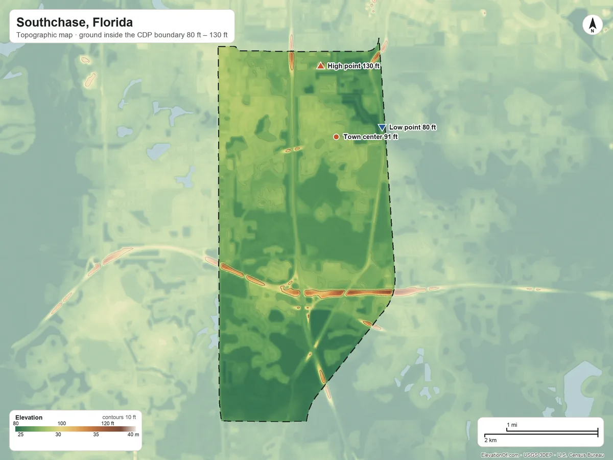 Topographic elevation map of Southchase, Florida, shaded from 80 ft on the east side to 130 ft on the north side