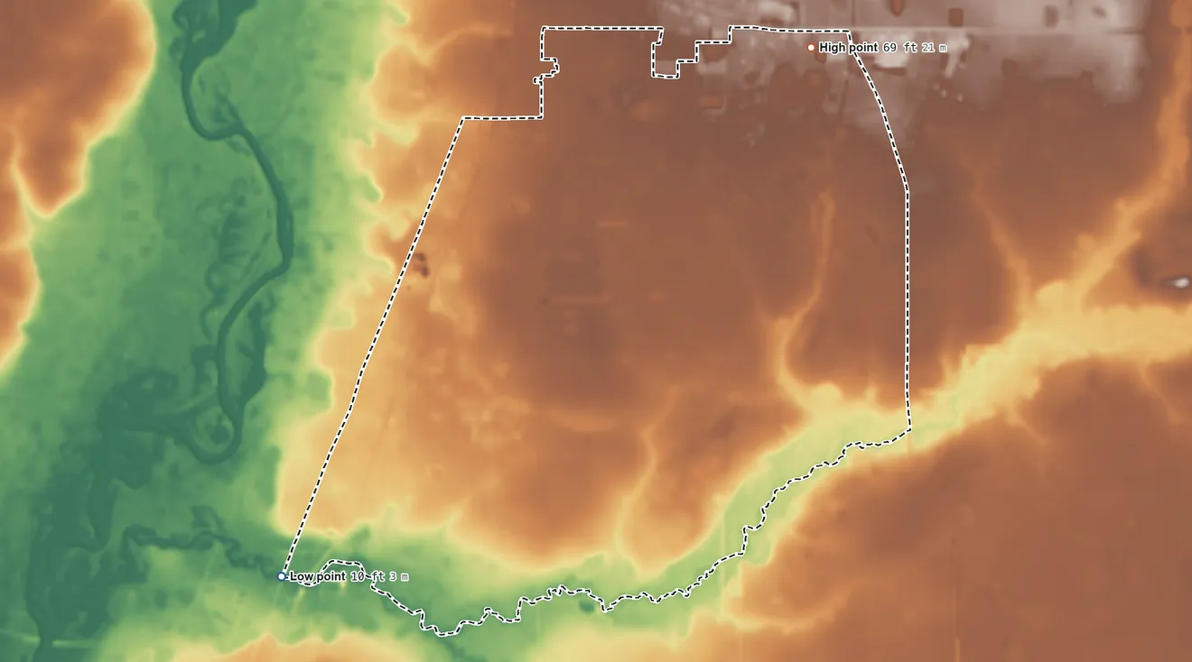 Topographic elevation map of Southeast Arcadia, Florida, shaded from 10 ft on the southwest side to 69 ft on the northeast side