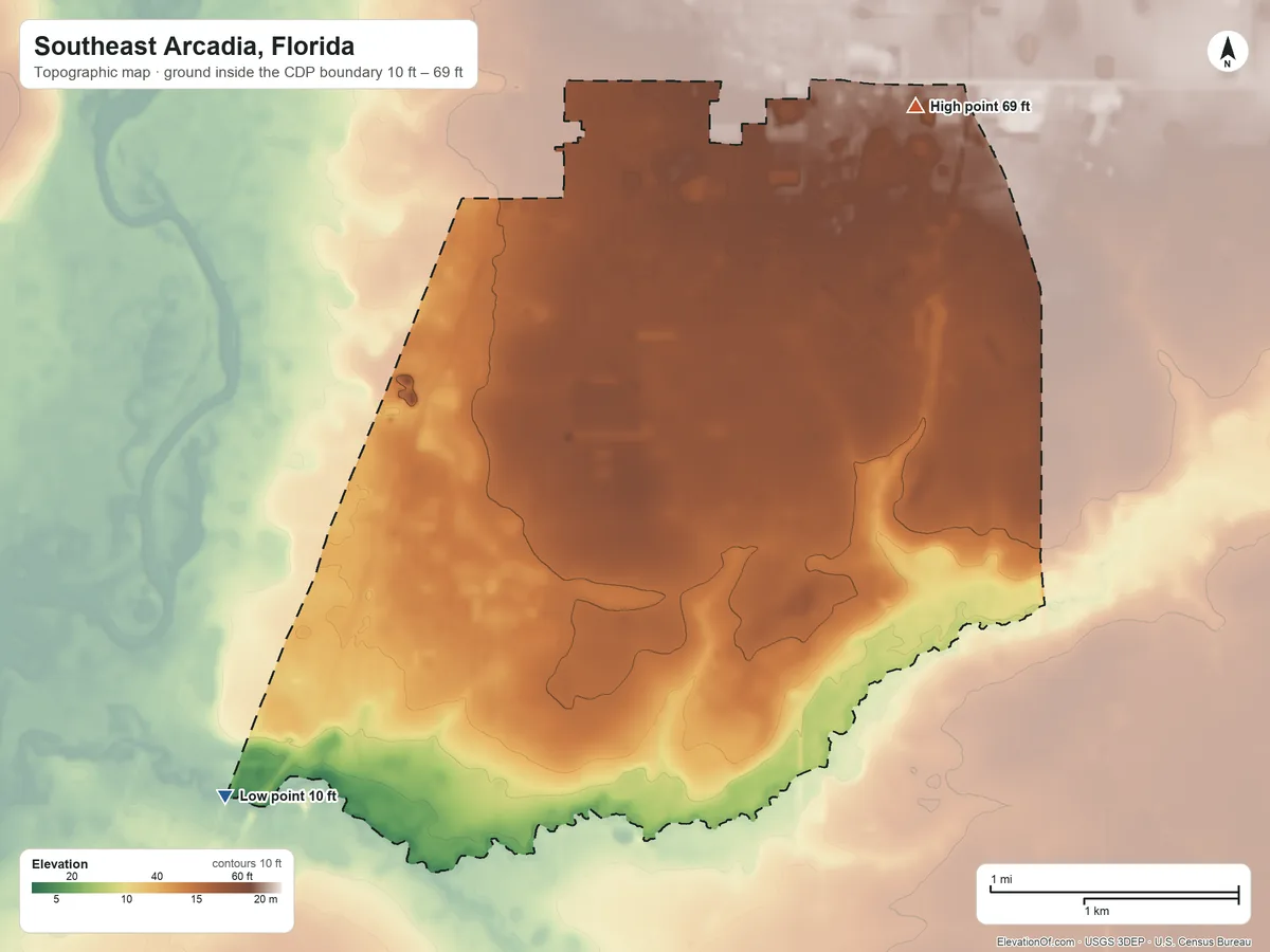 Topographic elevation map of Southeast Arcadia, Florida, shaded from 10 ft on the southwest side to 69 ft on the northeast side