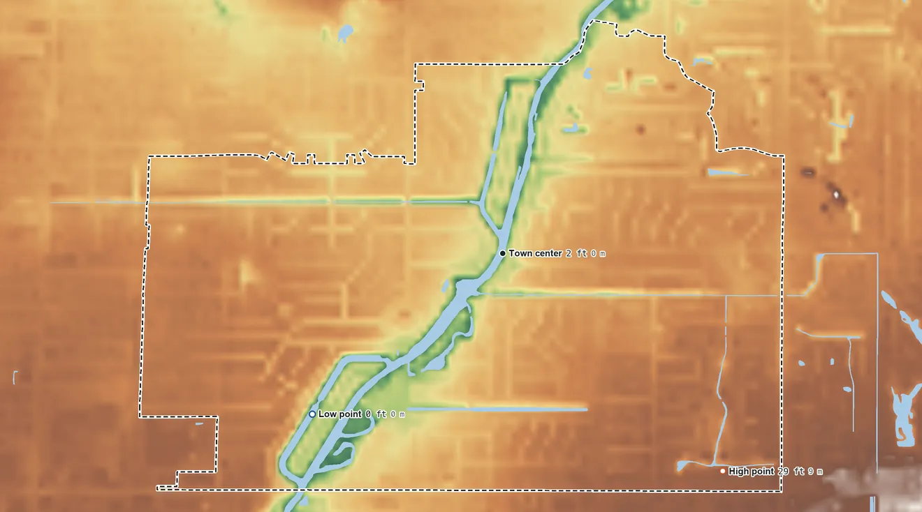 Topographic elevation map of Southgate, Florida, shaded from 0 ft on the southwest side to 29 ft on the southeast side