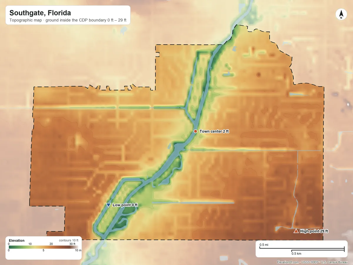 Topographic elevation map of Southgate, Florida, shaded from 0 ft on the southwest side to 29 ft on the southeast side