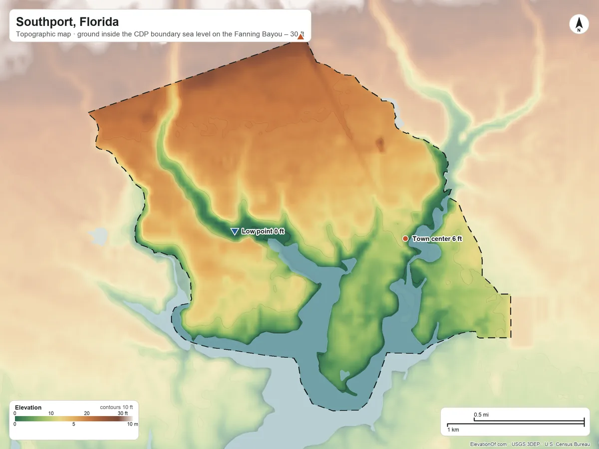 Topographic elevation map of Southport, Florida, shaded from sea level level on the Fanning Bayou to 30 ft on the northwest side